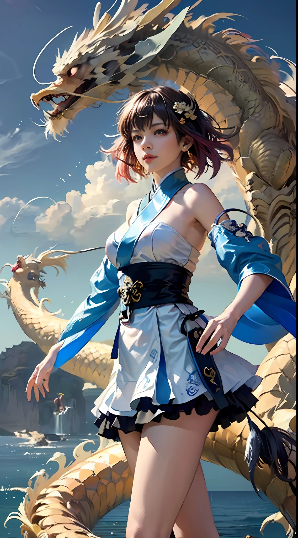 Official Art, Unified 8K Wallpapers, Ultra Detailed, Beautiful and Aesthetic, Masterpiece, Best Quality, (Zentangle, Tangle, Entangle), (fractal art: 1.4), (character center: 1.3), 1girl, black hair, Chinese, off-the-shoulders, short skirt, calf, navel, very detailed, dynamic angle, cowboyshot, (most beautiful form of chaos), ethereal, (bright colors), oc, (half: 1.2), china, (thangka flying sky: 1.5), (ribbon: 1.3), (dream: 1.5), (hanfu: 1.5), Chinese dragon, Chinese phoenix, (smile: 0.5), ( Chinese deities),