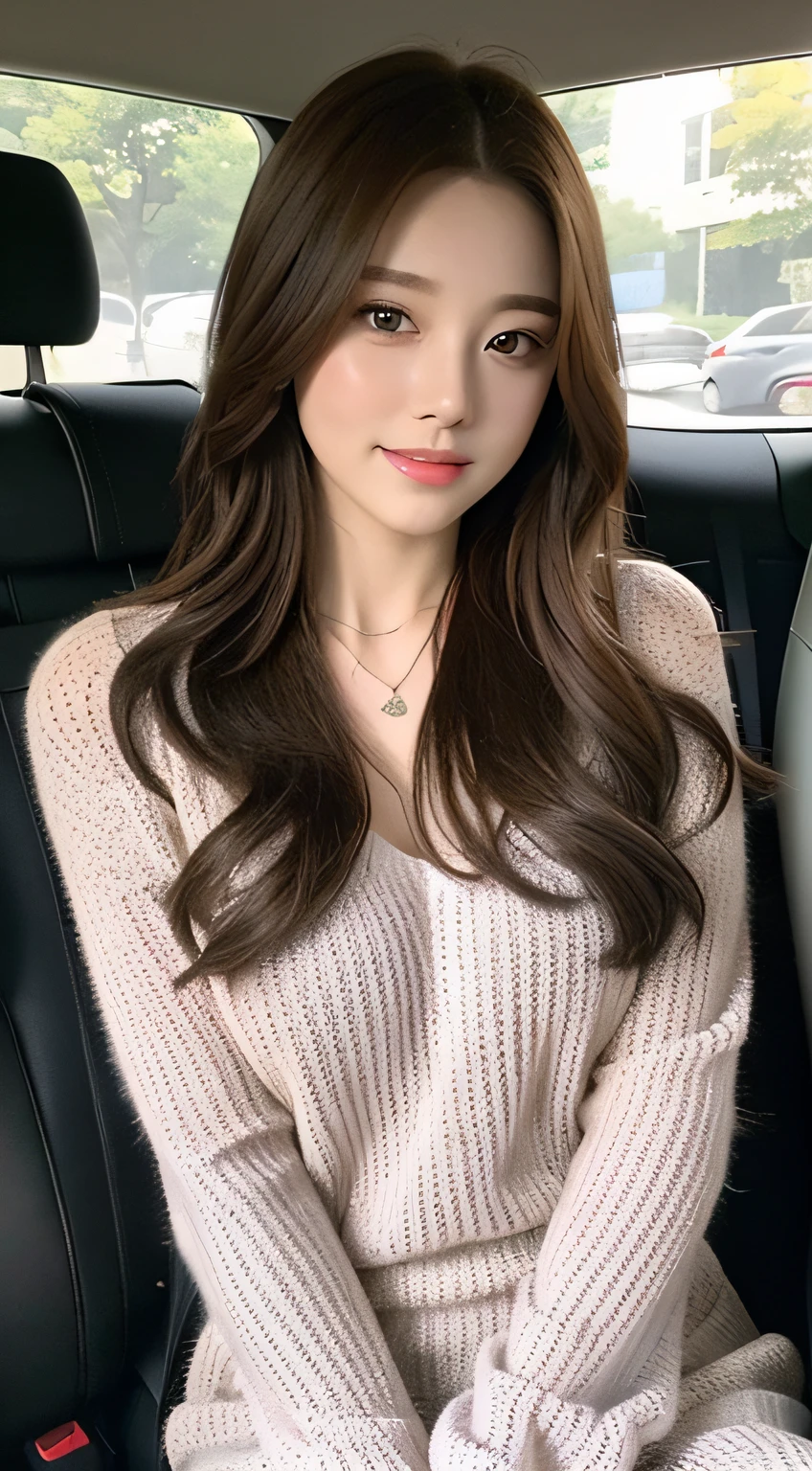 ((Best Quality, 8k, Masterpiece: 1.3)), Focus: 1.2, Perfect Body Beauty: 1.4, Buttocks: 1.2, ((Delicate Hair)), (Sweater Dress: 1.1), (Sports car, street: 1.2), Highly detailed face and skin texture, Fine eyes, Double eyelids, Whitened skin, Smile, Wearing necklace, ring, person sitting inside a car.