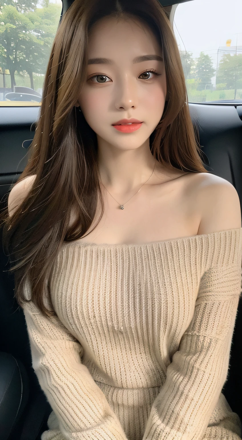 ((Best Quality, 8k, Masterpiece: 1.3)), Focus: 1.2, Perfect Body Beauty: 1.4, Buttocks: 1.2, ((Delicate Hair)), (Sweater Dress: 1.1), (Sports car, street: 1.2), Highly detailed face and skin texture, Fine eyes, Double eyelids, Whitened skin, Smile, Wearing necklace, ring, person sitting inside a car.