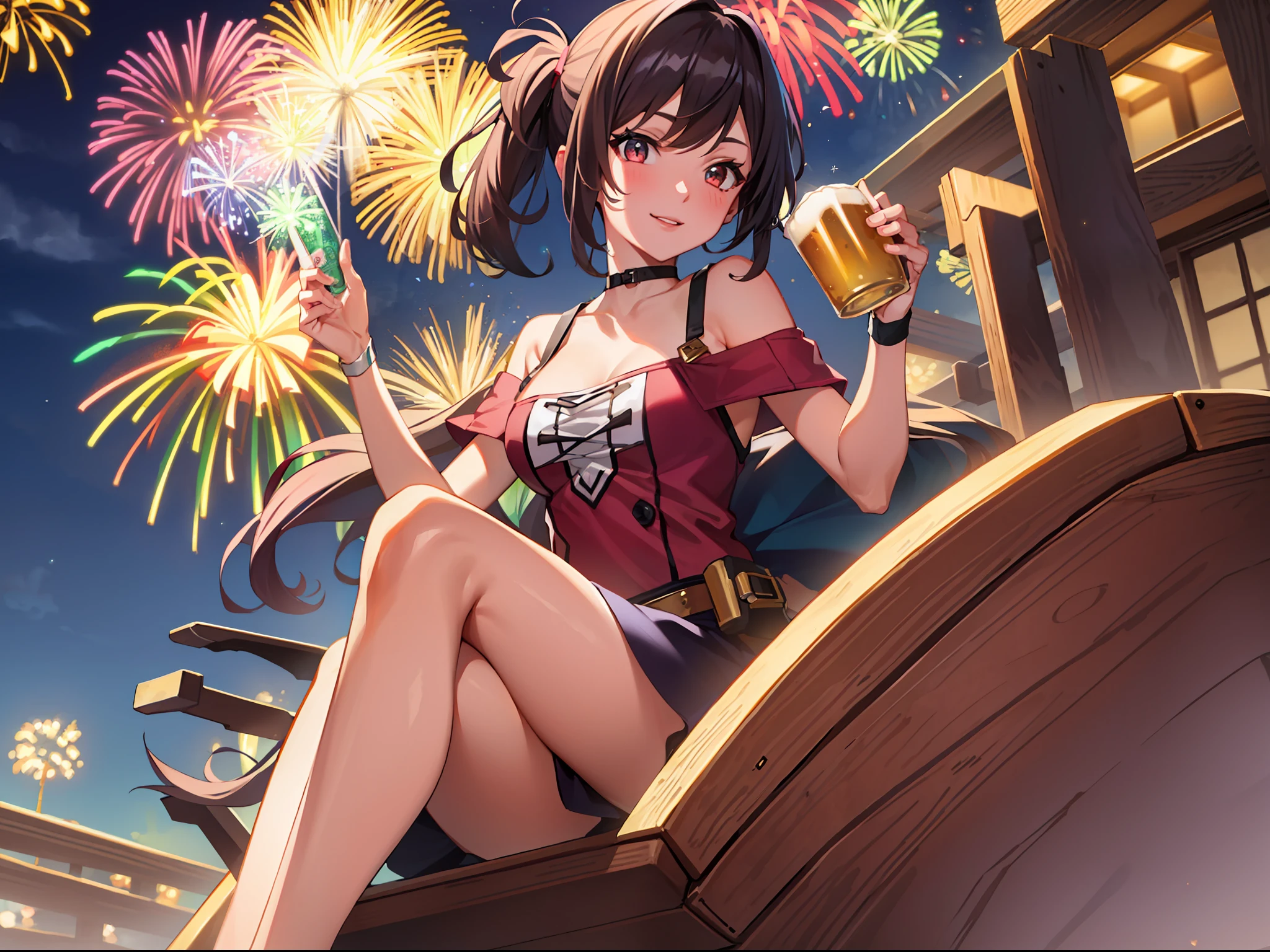 Best Quality, masutepiece, Detailed face,1 girl, Solo, Ultra-detailed,two female, Marvel at the big fireworks.Drinking beer