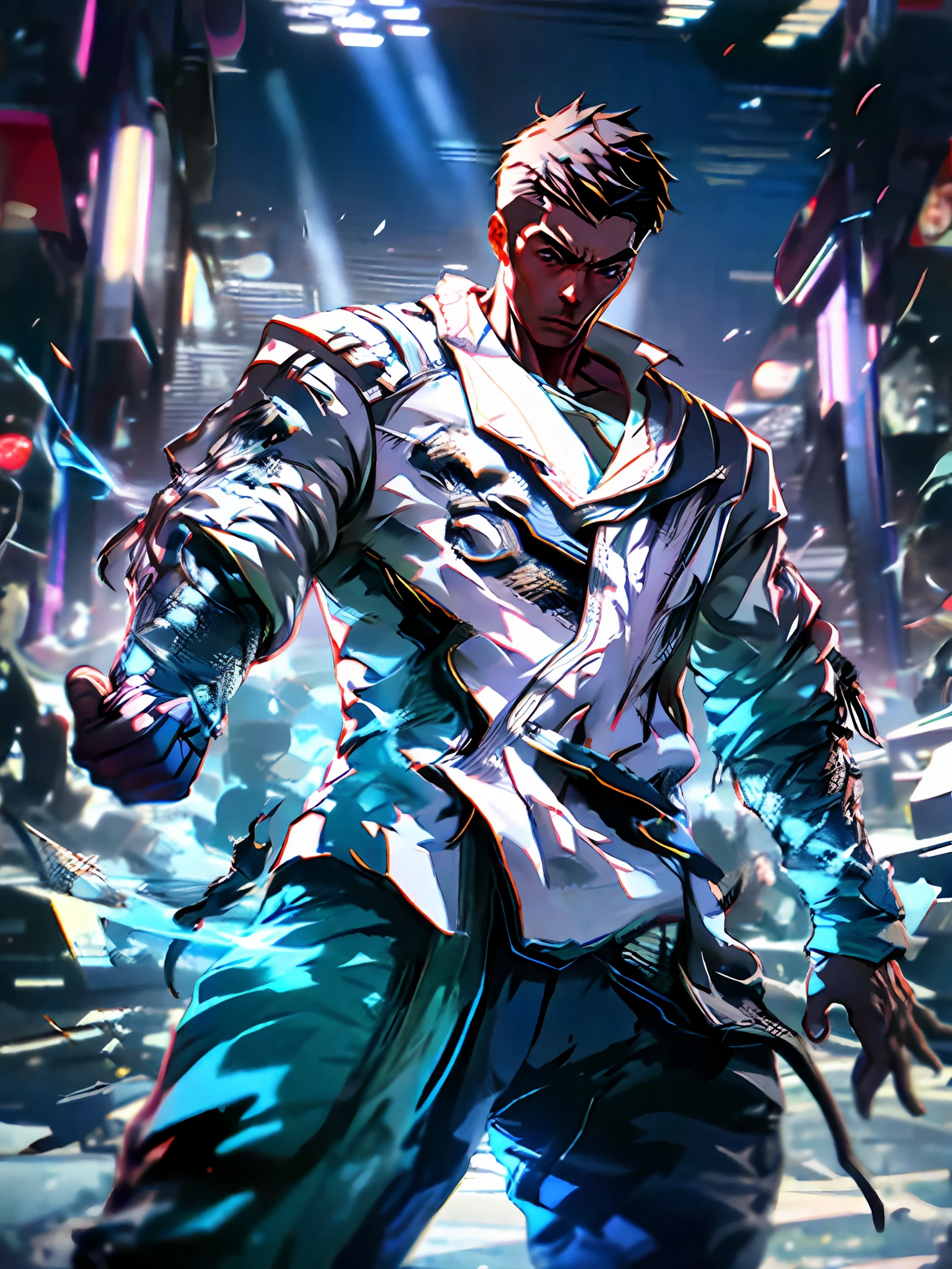 "Man in a powerful stance, showcasing hyper-realistic details, with the highest quality ray tracing in stunning 8k resolution."
