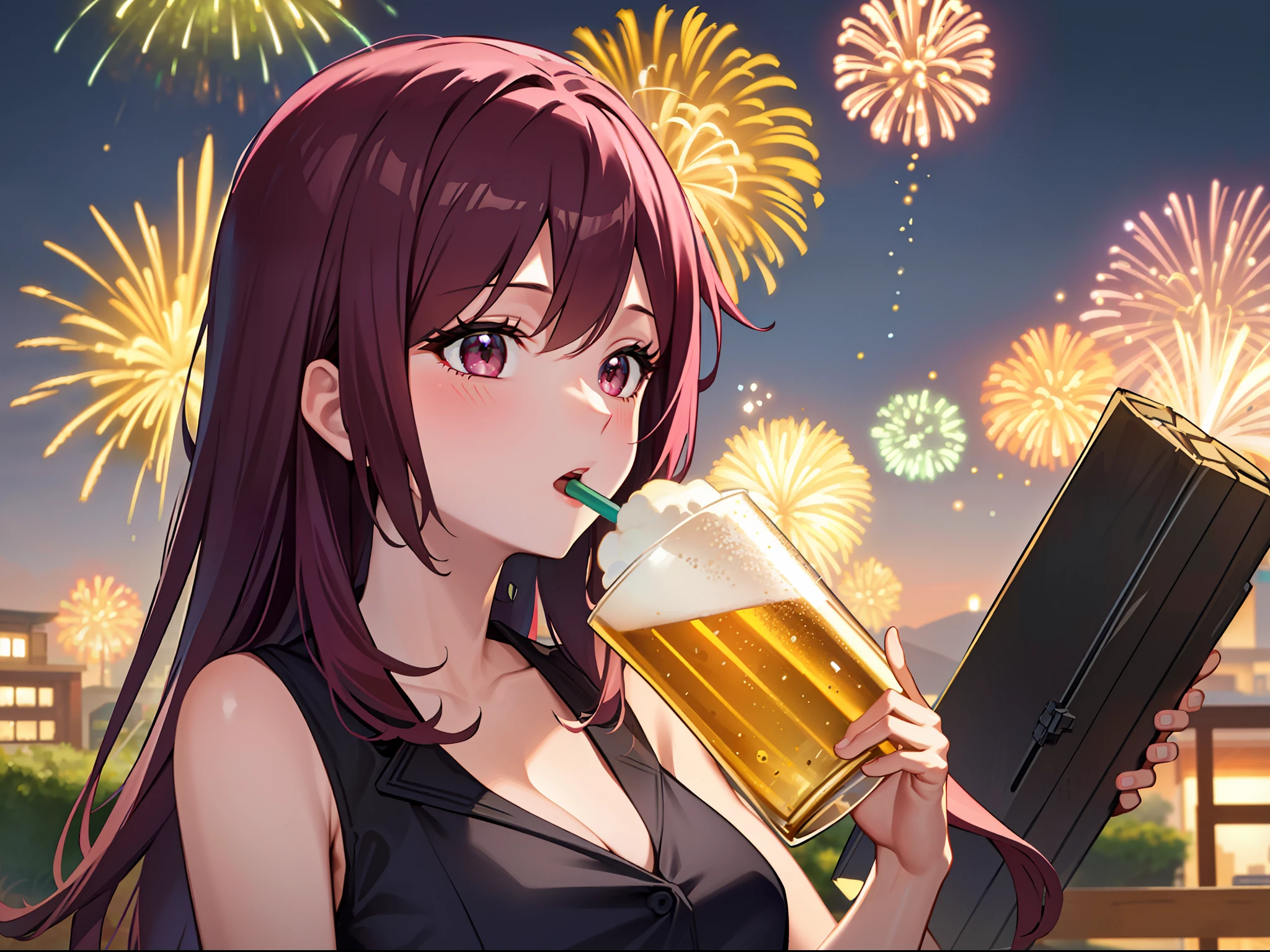 ultra high res, 16k, best aesthetic, Best Quality, masutepiece, Detailed face,1 girl, Solo, Ultra-detailed,two female, Marvel at the big fireworks.Drinking beer