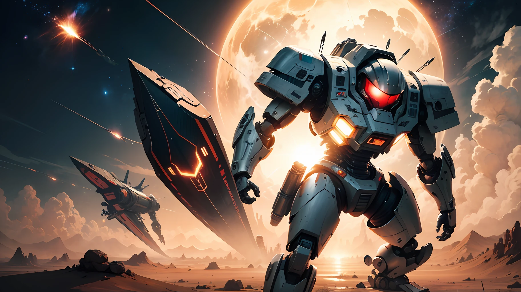A robot samurai archer aiming a glowing arrow at oncoming enemy spaceships over a barren planet. Epic scene, Akira Toriyama style, intense action, detailed mechs. Backlit, rim lighting, dynamic pose. --ar 2:3 --s 400 --niji 5 --auto