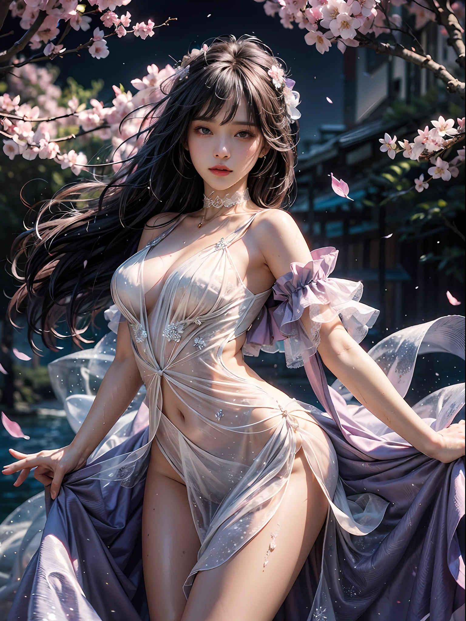 loose outfit、Show shoulders、Light purple see-through dress、How to wear a light purple gown、Decorated with intricate patterns and bright colors、Transparent material that makes the skin shine、Artistic depiction of seductive woman in gown with wet thin cloth and transparent skin, Floral and fantastic pattern with flowing silky traditional see-through skin。Her dress draped elegantly around her curvaceous figure、Emphasizes her charming silhouette。She's a gentle fireworks night、Dynamic Posing、y Posing、bathed in the soft glow of moonlight。The scene is、With a hint of mystery and sensuality、It exudes an ethereal dreamy atmosphere。The image style is、It incorporates a blend of watercolor and digital illustration techniques.、It makes you feel delicate beauty and charm。Soft moonlit lighting、Cast gentle highlights and shadows on her mesmerizing features。Dynamic Posing、Bold poses、The hand is somewhere、see -through、show through、A sexet hair、Wet、(cherry trees、flower petals、cherryblossom、The cherry tree、Sakura Snowstorm 1.5)、buried、Transparent skin、Wet clothes、(Chest 1.2)、Navel Ejection、Swaying in the wind、Burgundy、、(Slouch 1.5)、Lace color、lace choker、a choker、Lie on your back on the surface of the water、