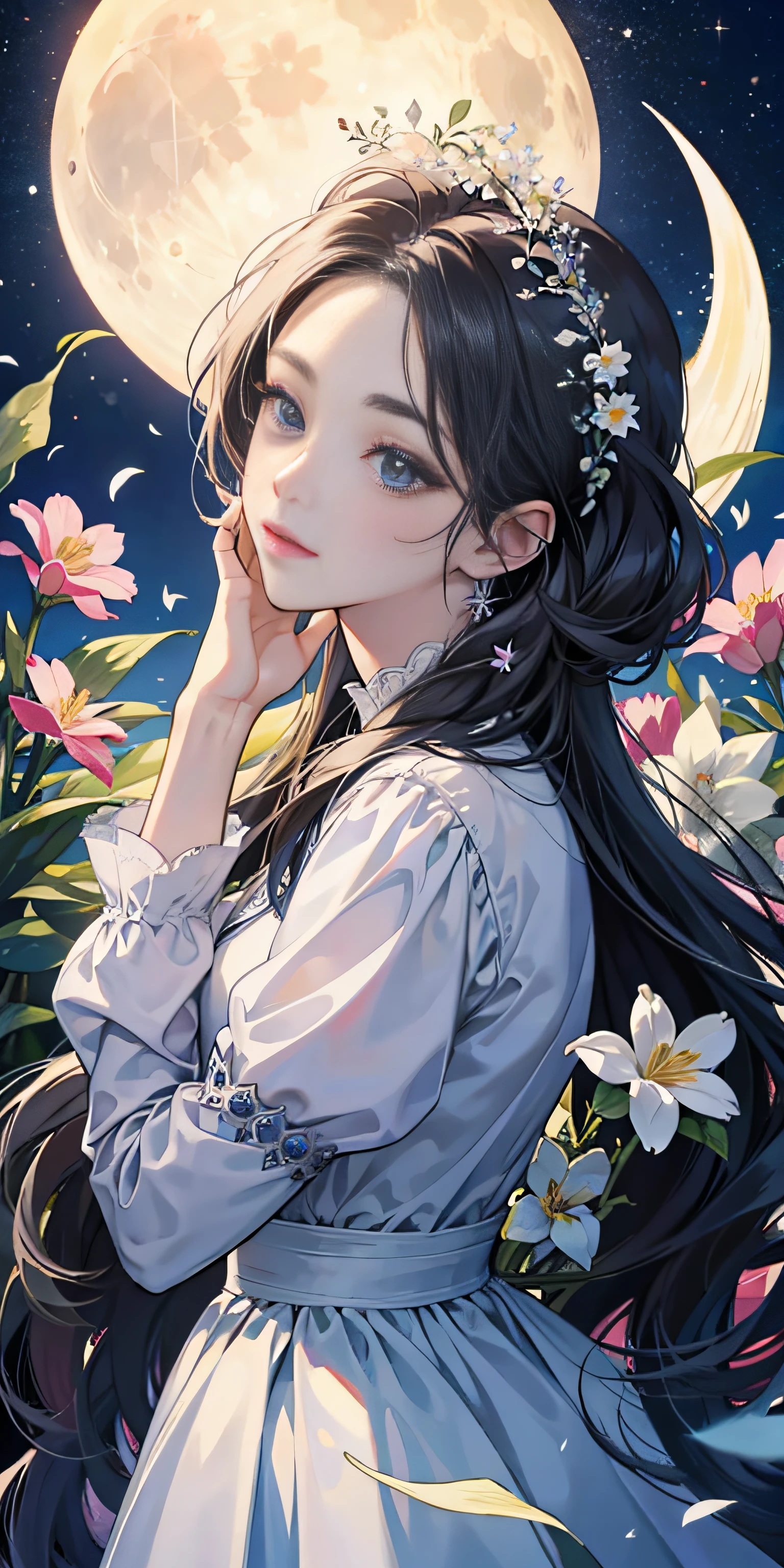 ((best quality)), ((masterpiece)) Moon, Luna, Goddess, Flower