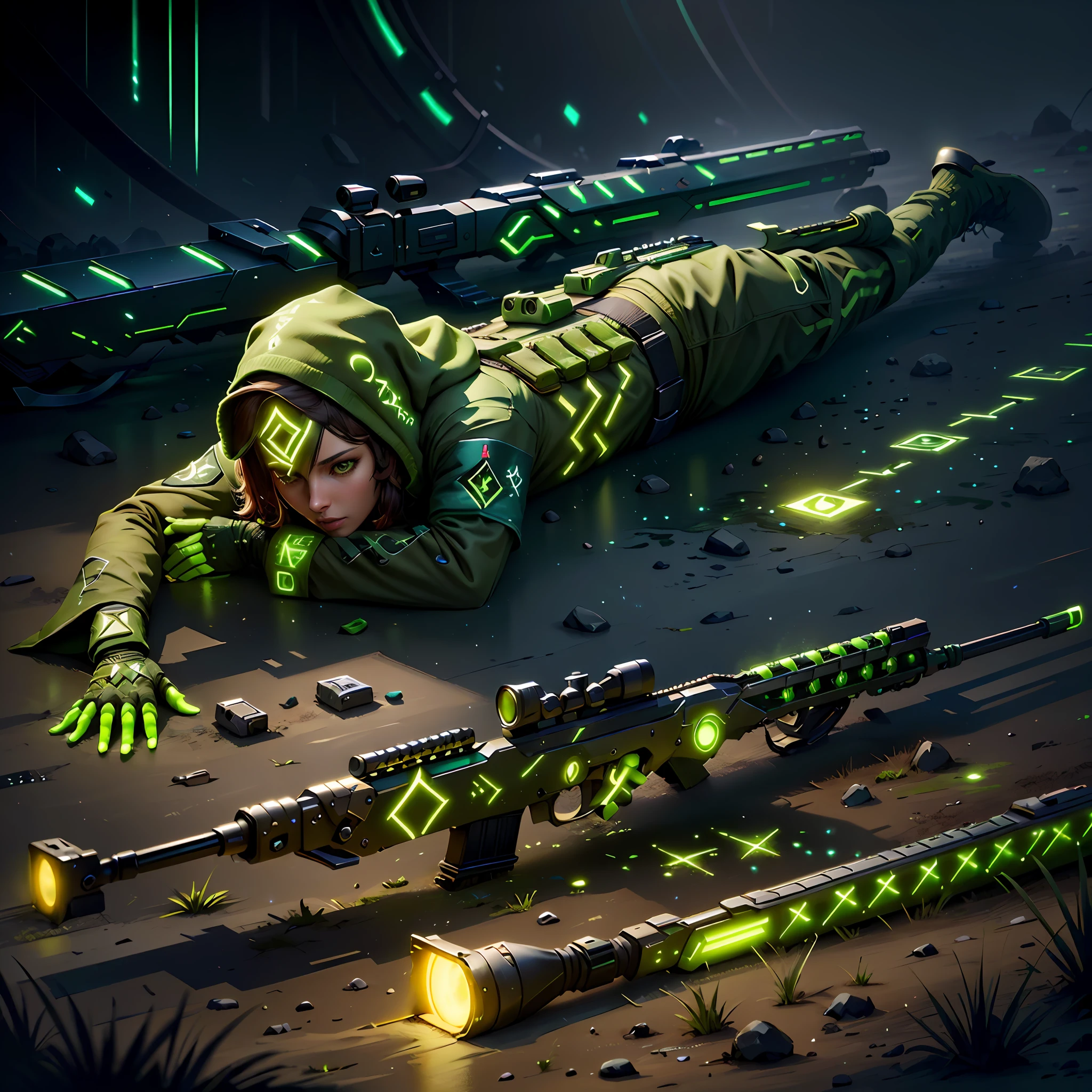 GlowingRunesAIV2_Green sniper, lay on the ground detailed,2 legs detail