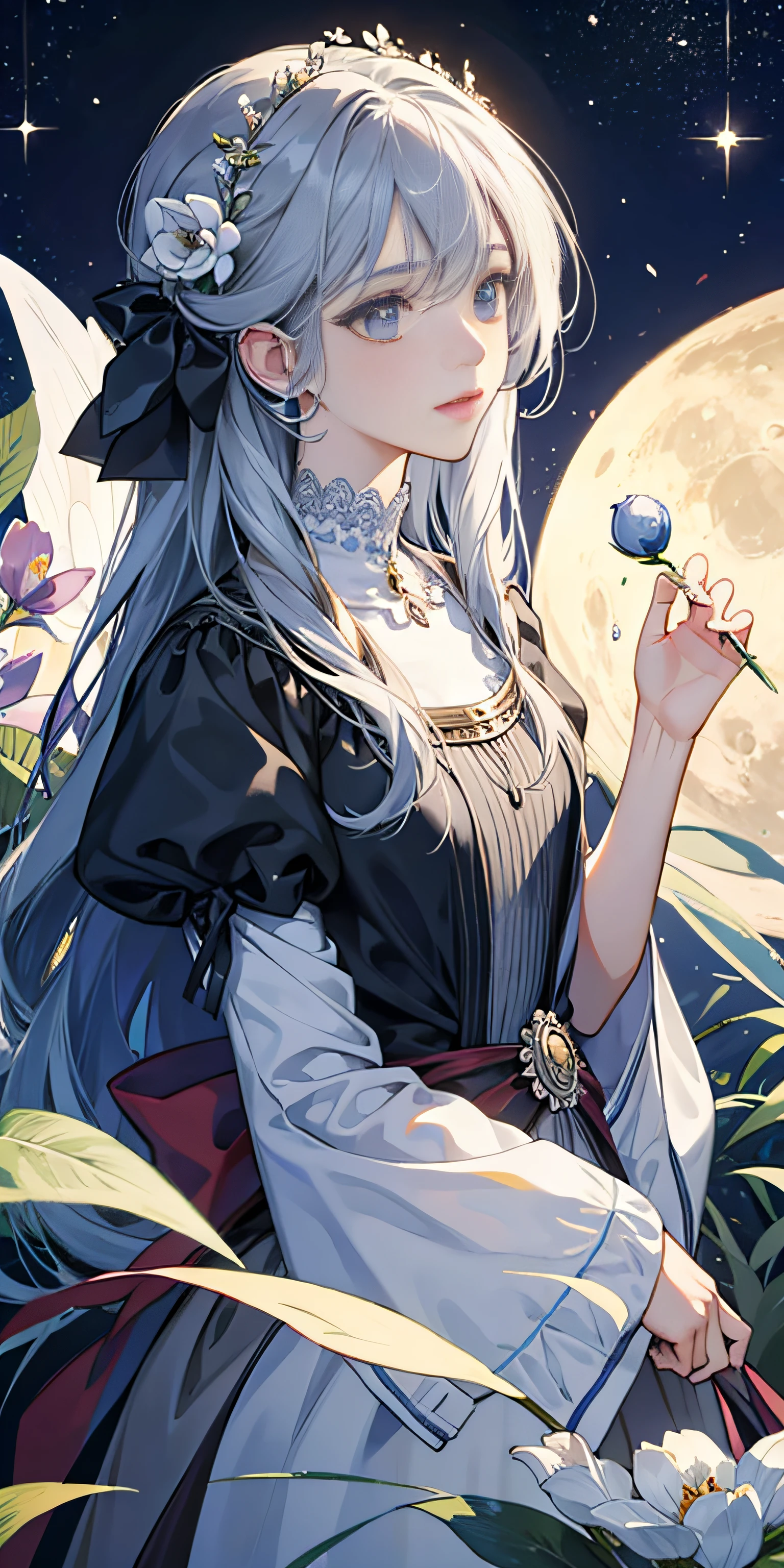 ((best quality)), ((masterpiece)) Moon, Luna, Goddess, Flower