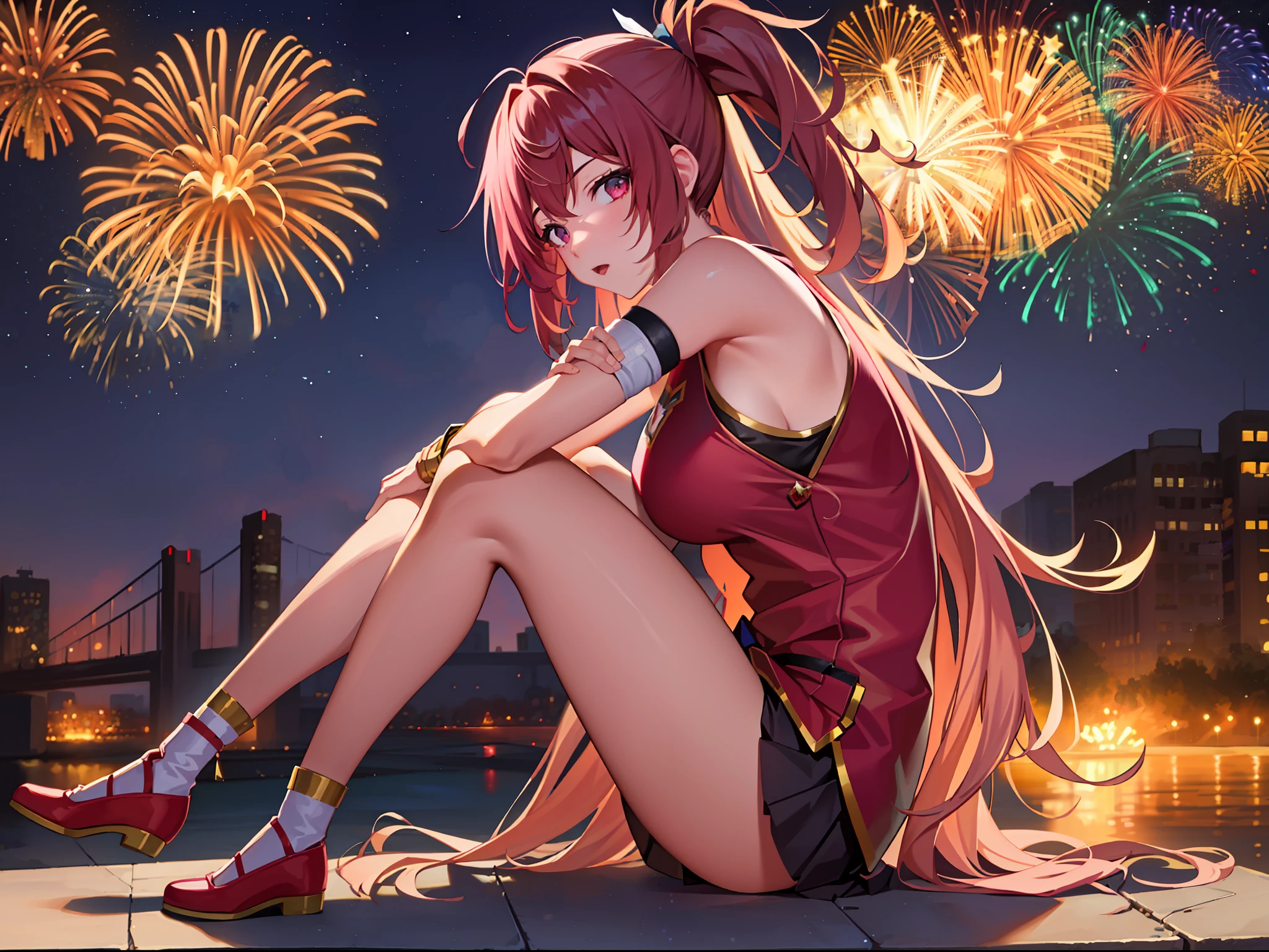 超A high resolution, nffsw, Best aesthetic, Best Quality, masutepiece, Detailed face,1 girl, Solo, Ultra-detailed,two female, Marvel at the big fireworks.Drinking beer