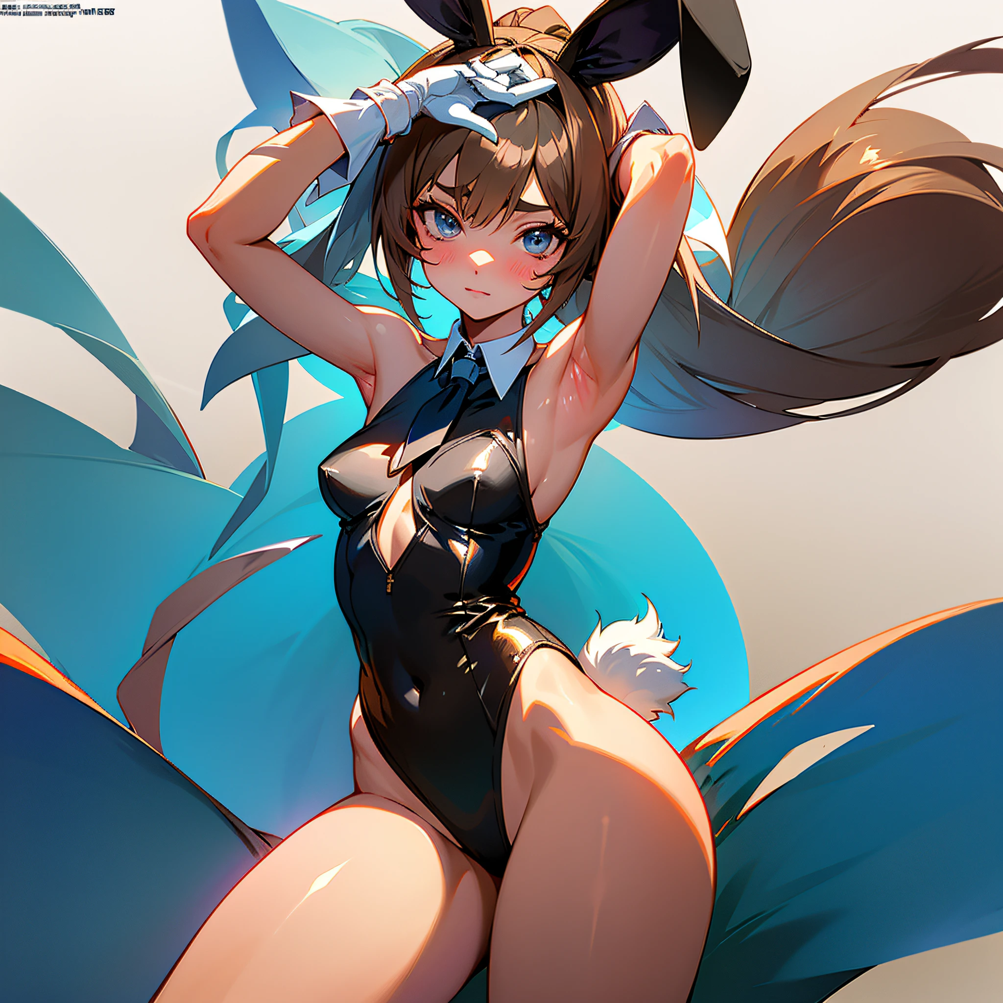 (masutepiece), (Best Quality), Highly detailed,Ultra-detailed,(the Extremely Detailed CG Unity 8K Wallpapers),unbelievable Ridiculous,(Official art),Colorful,(Line optimization),Seated Pose、
Extremely exquisite female facial description, extremely delicate and beautiful eyes,
1girl in, animal_ear_fluff, animal_Ears, arms are_ass hole up, Armpits, Ass_Visible_through_thighs thighs thighs thighs, Bangs, Bare_shoulders, Blue_Eyes, blush, breasts, brown_hair, cowboys_shot, Detached_Collar, eyebrows_Visible_through_hair, fake_animal_Ears, Fox_Ears, Fox_girl, Fox_tail, gloves, gradient, gradient_Background, greys_Background, hair_Bland_Eyes, Leotard, up looking_で_viewer, Navel, neck tie, , Rabbit_Ears, See-through, Short_neck tie, Silver_hair, Small_breasts, Solo, tail, Thigh_the gap, white_gloves, wrist_Cuffs
(Perfect body), (Seductive),
(Fine and beautiful detailed skin), (Shiny skin:1.0), (Oil skin:1.0), (Oil Highlights:1.0),
Sexually suggestive, Female-,