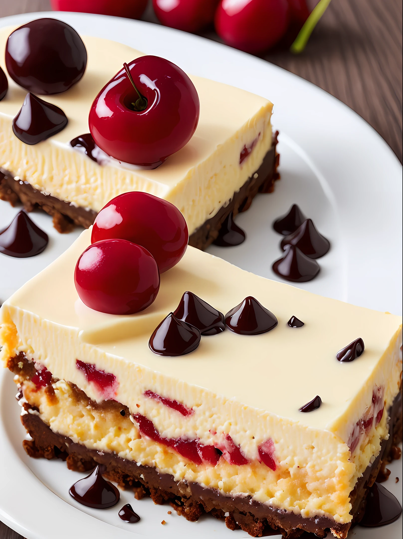Appetizing slice of cherry cheesecake with chocolate, delicious, fragrant, detailed professional photography and light, close-up