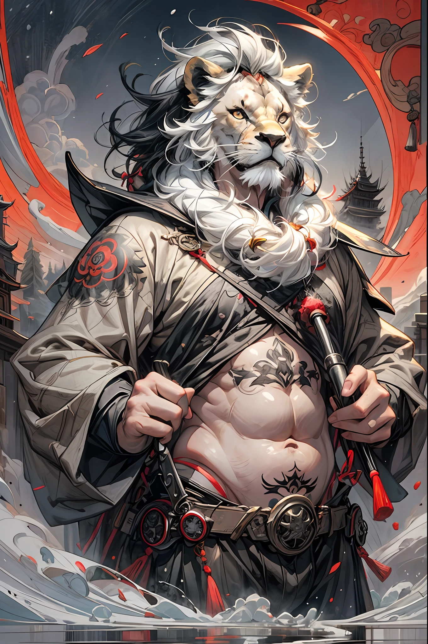 best qualityer,malefocus,(66-year-old Chinese grandfather:1.5),(chubbiness:2),1.5),(irate:1.5),(Be red in the face:1.5),(heavy breath:1.5),(largeeyes:1.5),(white body fur:1.5)(Long gray hair:1.5),(Long, bushy white beard:1.5),(wrinkly skin:1.5),(Tattooed with:1.5),highr,Chinese armor,Triglycerides,(chubbiness),potbelly,beer belly,plumw,The large,Spray milk on the body, Milk splashed on the face, Milk shower on the body, The face is covered with milk, hair pin, exteriors, the Lion, at twilight, Red sky, temple, Winters, , snowstorm in background, pine woods