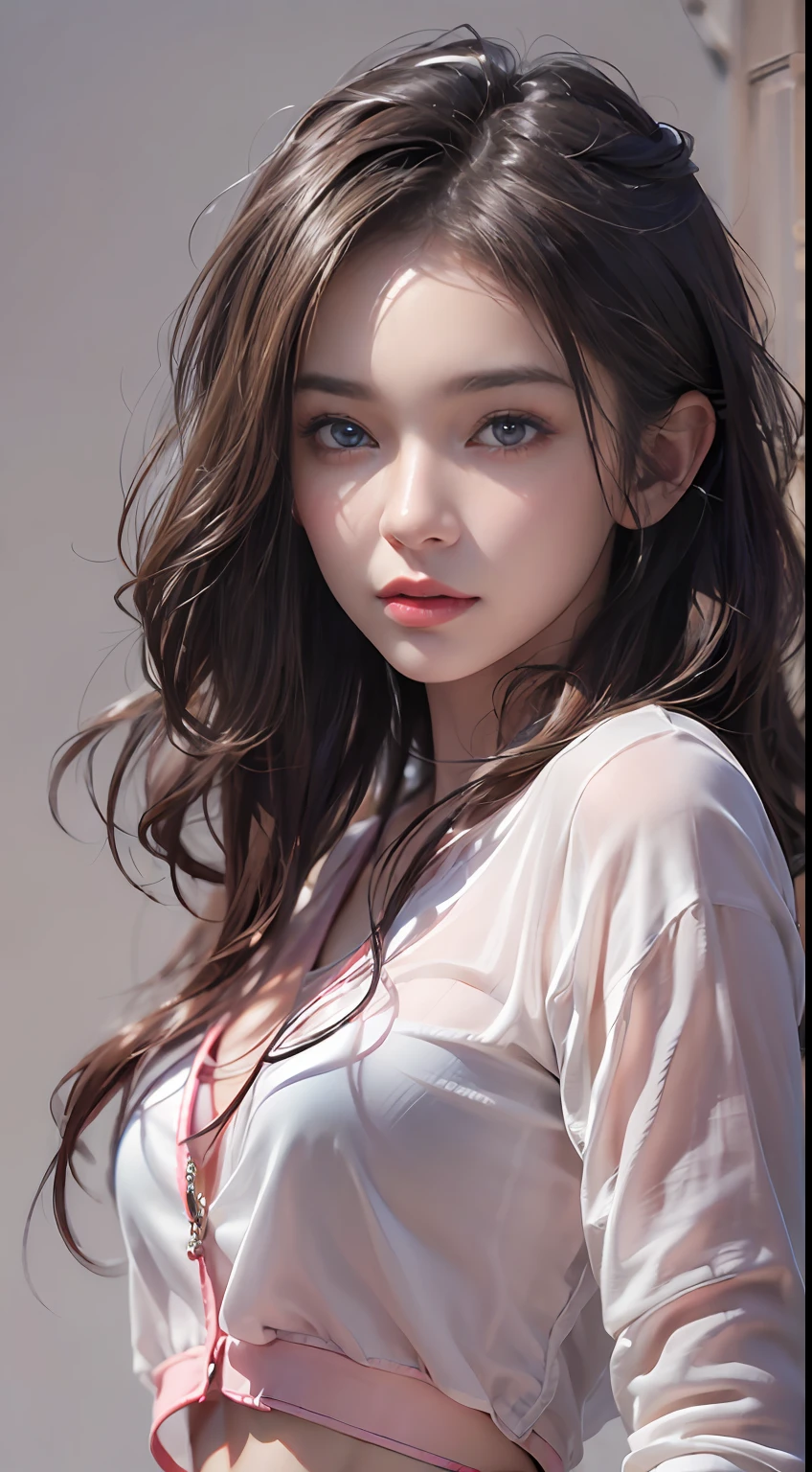 (Photorealistic:1.4), (Masterpiece, side-lighting, fine detailed beautiful eyes: 1.2), Masterpiece*Portrait, Realistic, 3D face, Glowing eyes, Shiny hair, Glossy glossy skin, Solo, embarressed, (midriff),