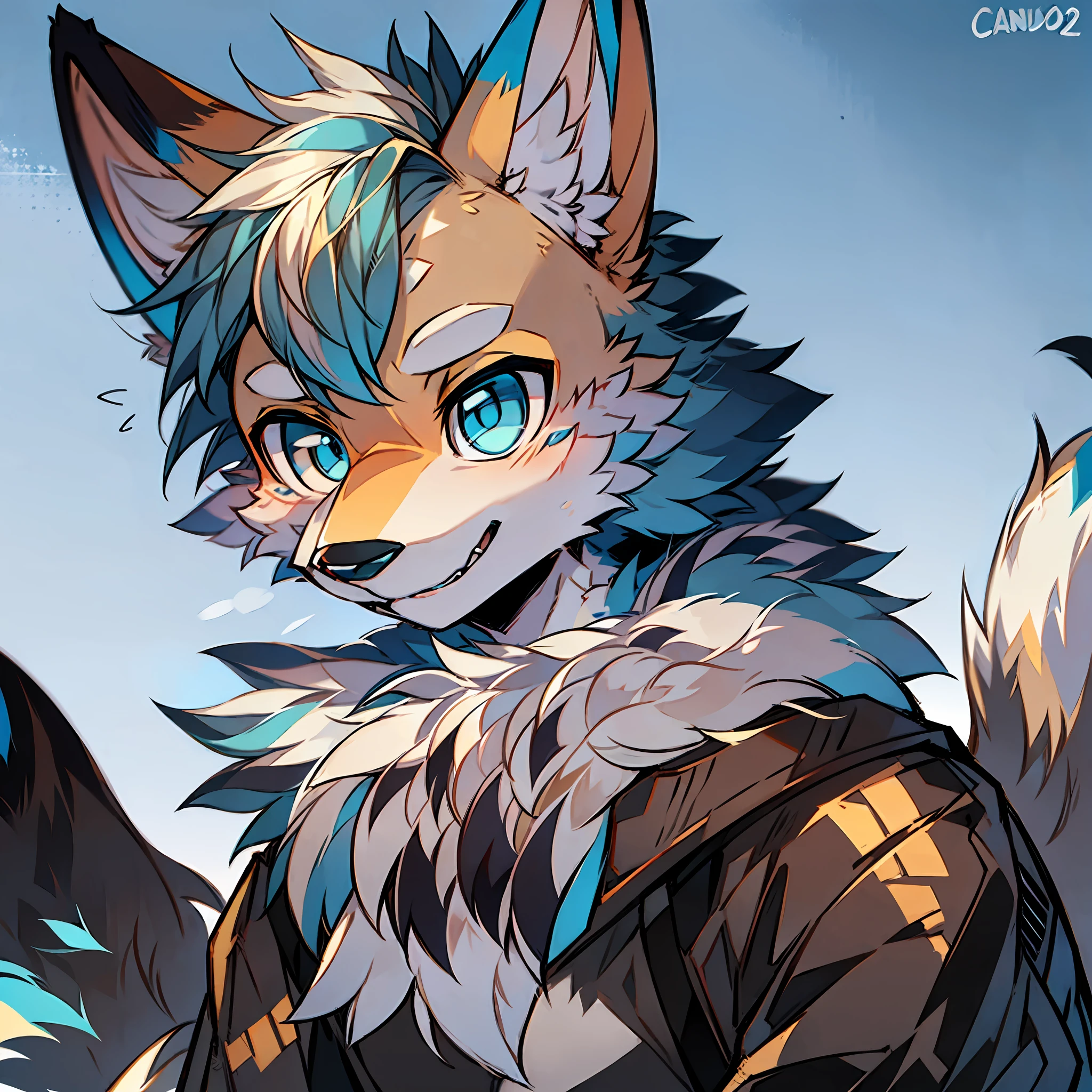solo person，shaggy male，furry，coyote，canid，White fur，Gold and blue eyes