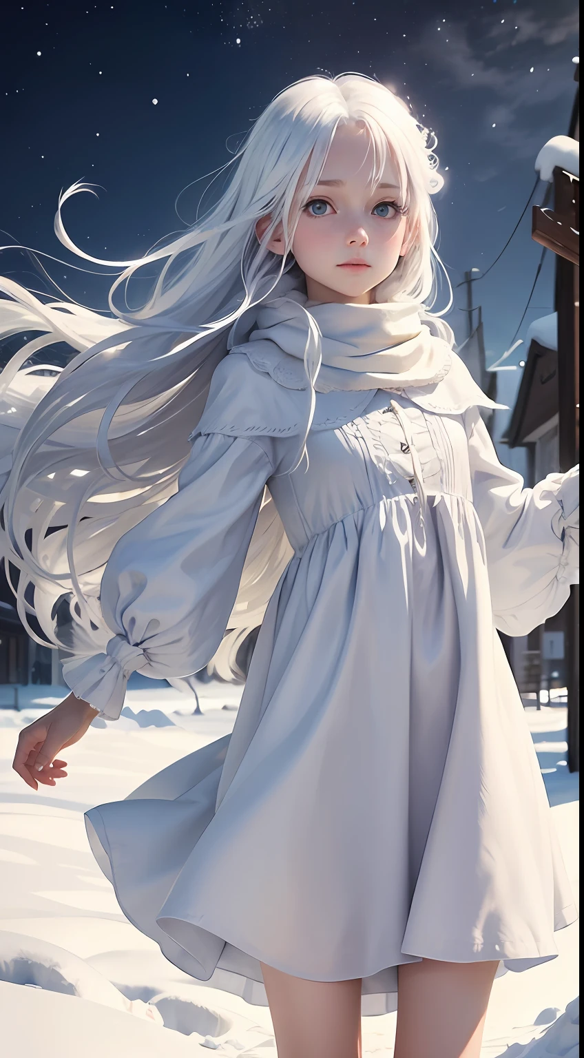 best qualtiy， tmasterpiece， A girl，petite，White hair， eBlue eyes，Nightdress， Realistis, Floating hair, Snowy,, Detailed face, winter， Sunshine