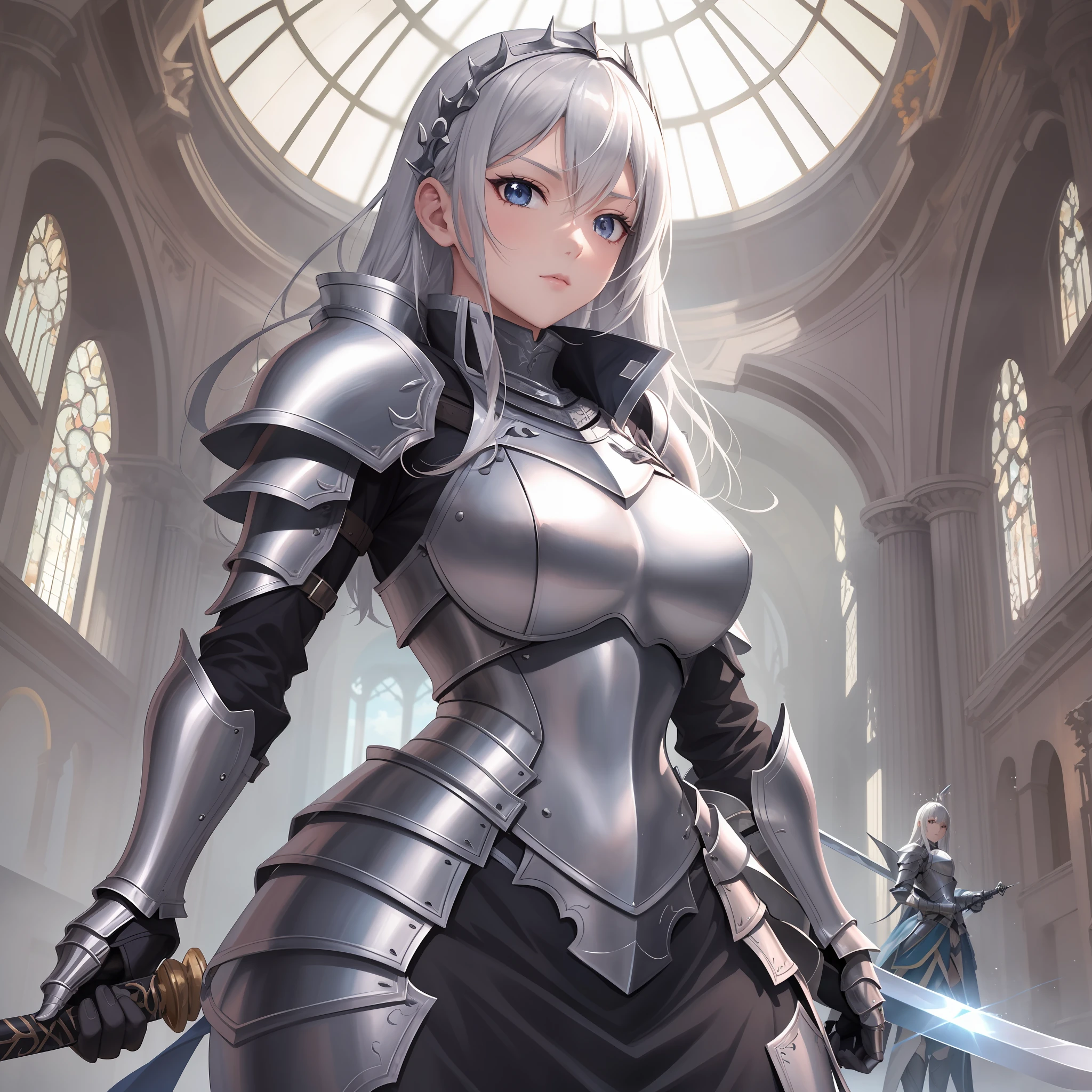 anime girl with a sword and armor posing for a picture, thick armor, with sleek silver armor, armor girl, White armor, of a beautiful female knight, covered in full silver armor, Female knight, With sleek silver metal armor, Silver armor, Wearing armor!!, fully clothed in armor, Chic, badass anime 8 K, beautiful female knight