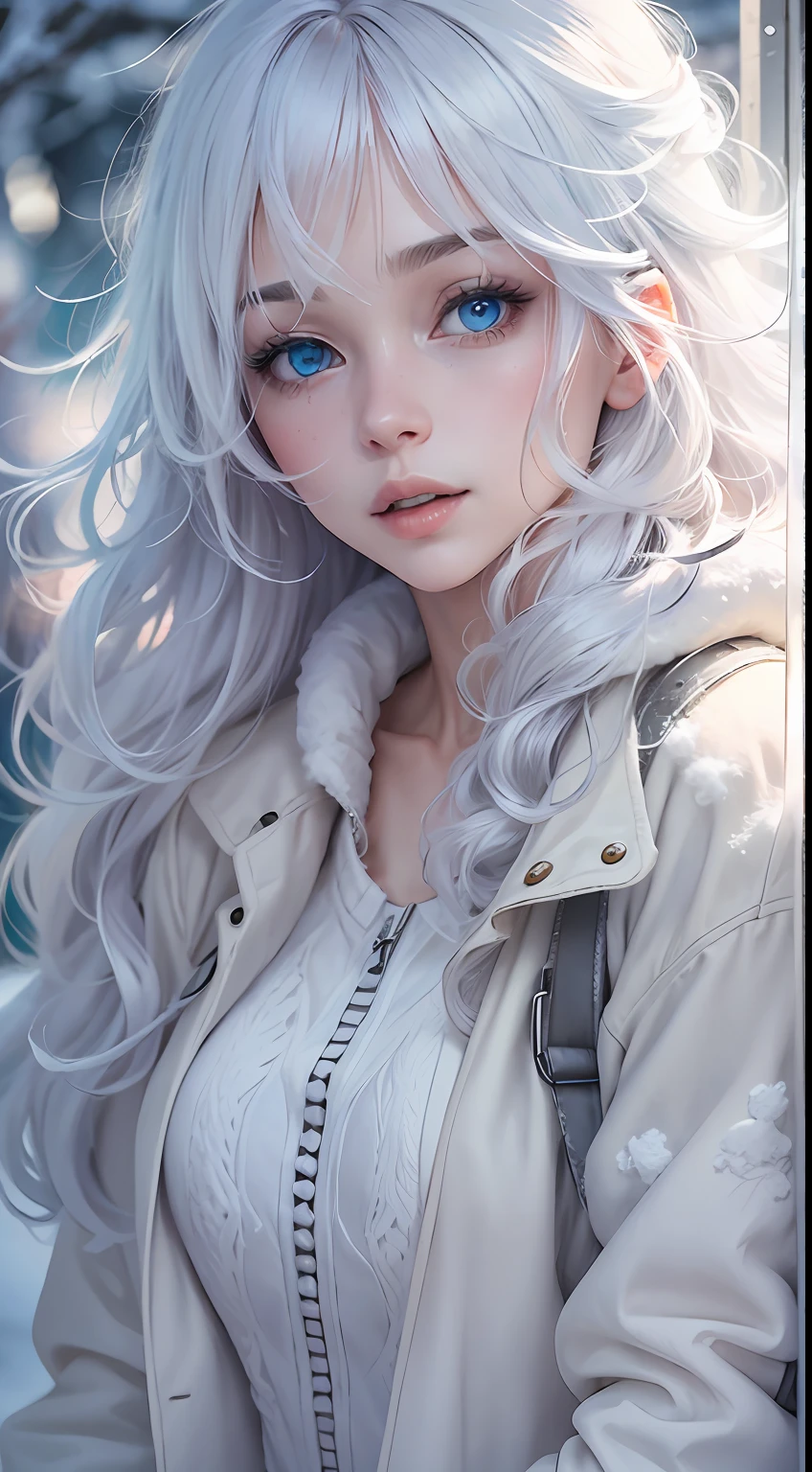 best qualtiy, tmasterpiece, White hair, eBlue eyes, A girl,undershirt, Realistis, Floating hair, Snowy,, Detailed face, winter, Sunshine