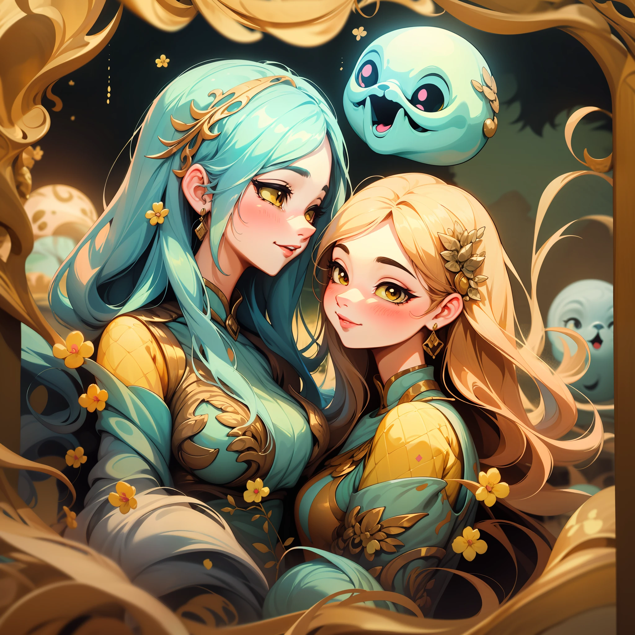 adesivo, fundo simples, retrato, 2 girls, couple, girl with long hair, girl smilling, goddess aesthetics, beautiful goddess girl, very beautiful fantasy art, beautiful and elegant female goddess, beautiful detailed fantasy, yellow and pink color palate, yellow color-theme