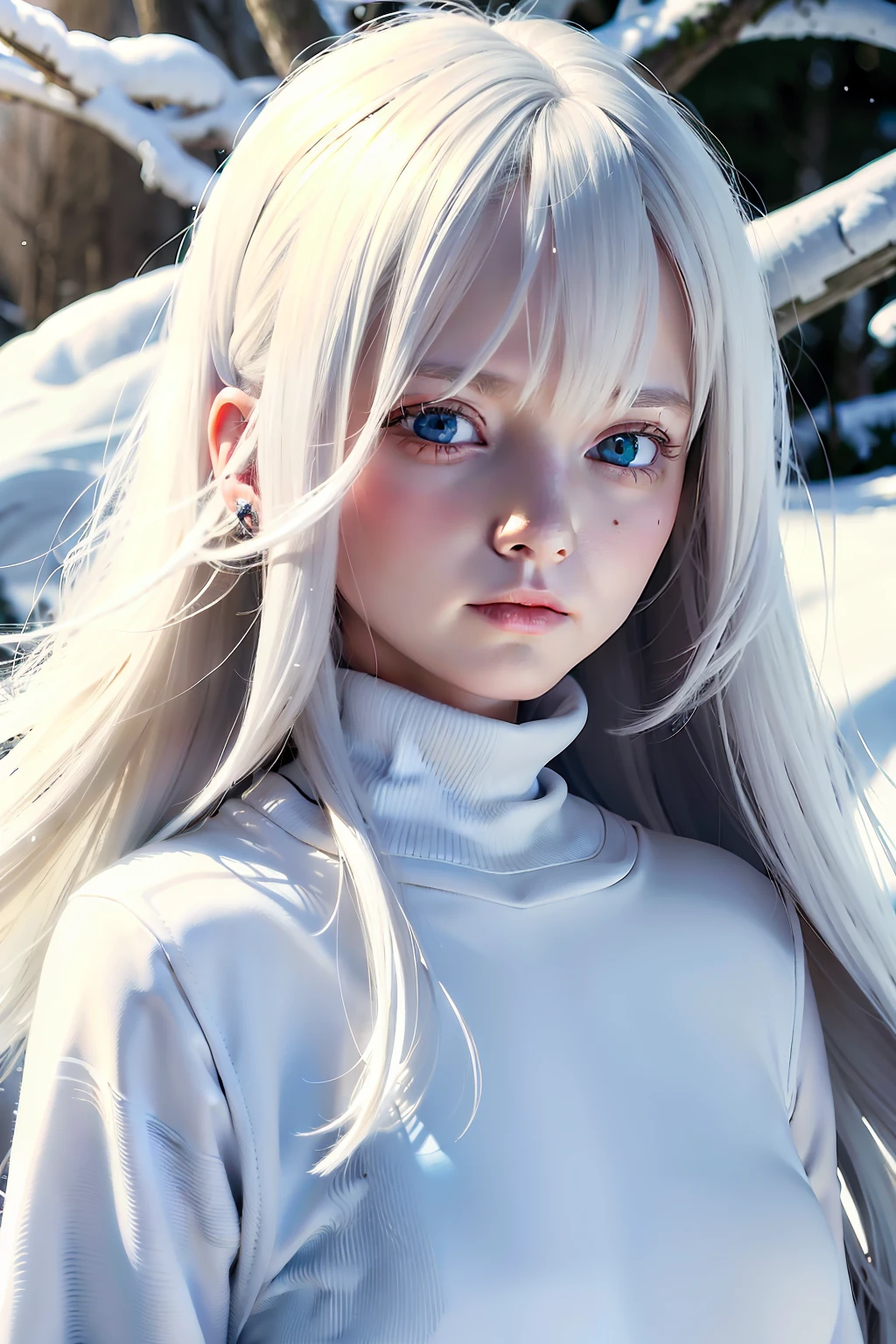 best qualtiy, tmasterpiece, White hair, eBlue eyes, A girl, exteriors, The upper part of the body, Realistis, Floating hair, Snowy,, Detailed face, winter, Green trees, Sunshine