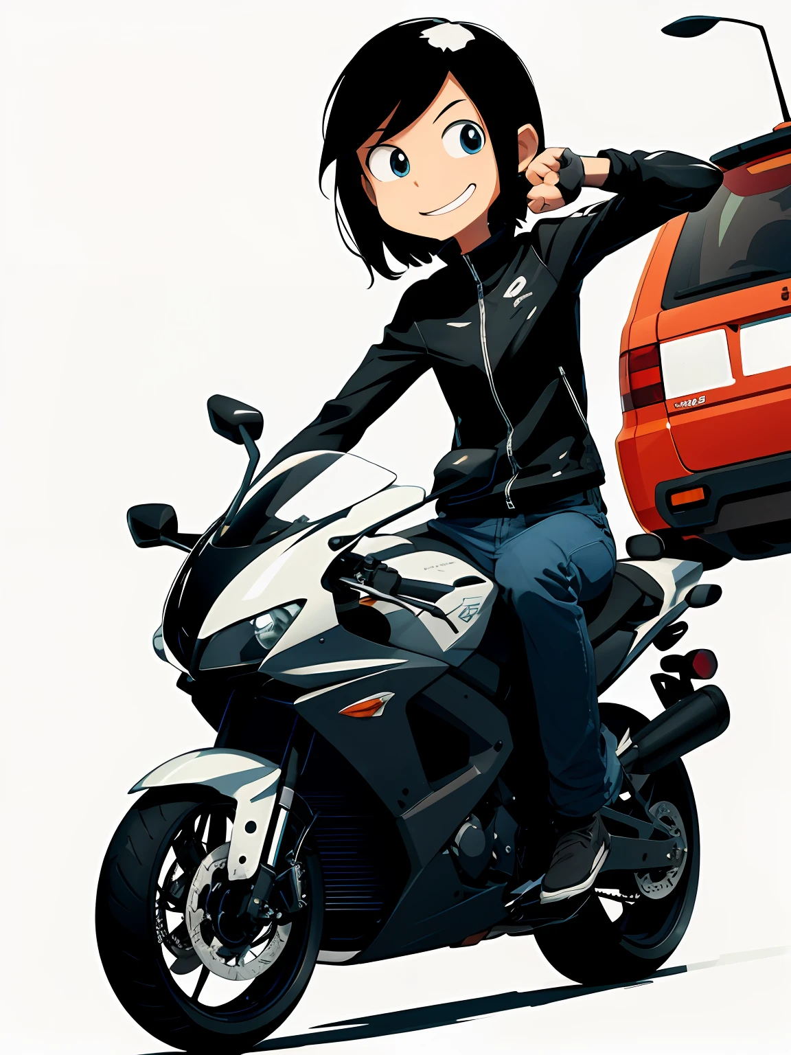 cartoony,stickfigure,Motorcycle on the side,white backgrounid