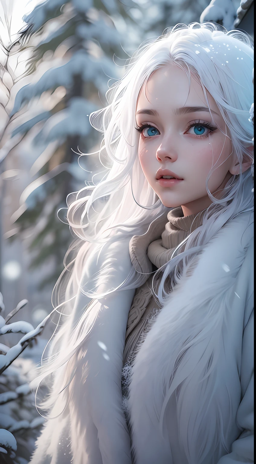 best qualtiy, tmasterpiece, White hair, eBlue eyes, A girl,white colors、, Realistis, Floating hair, Snowy,, Detailed face, winter, Green trees, Sunshine