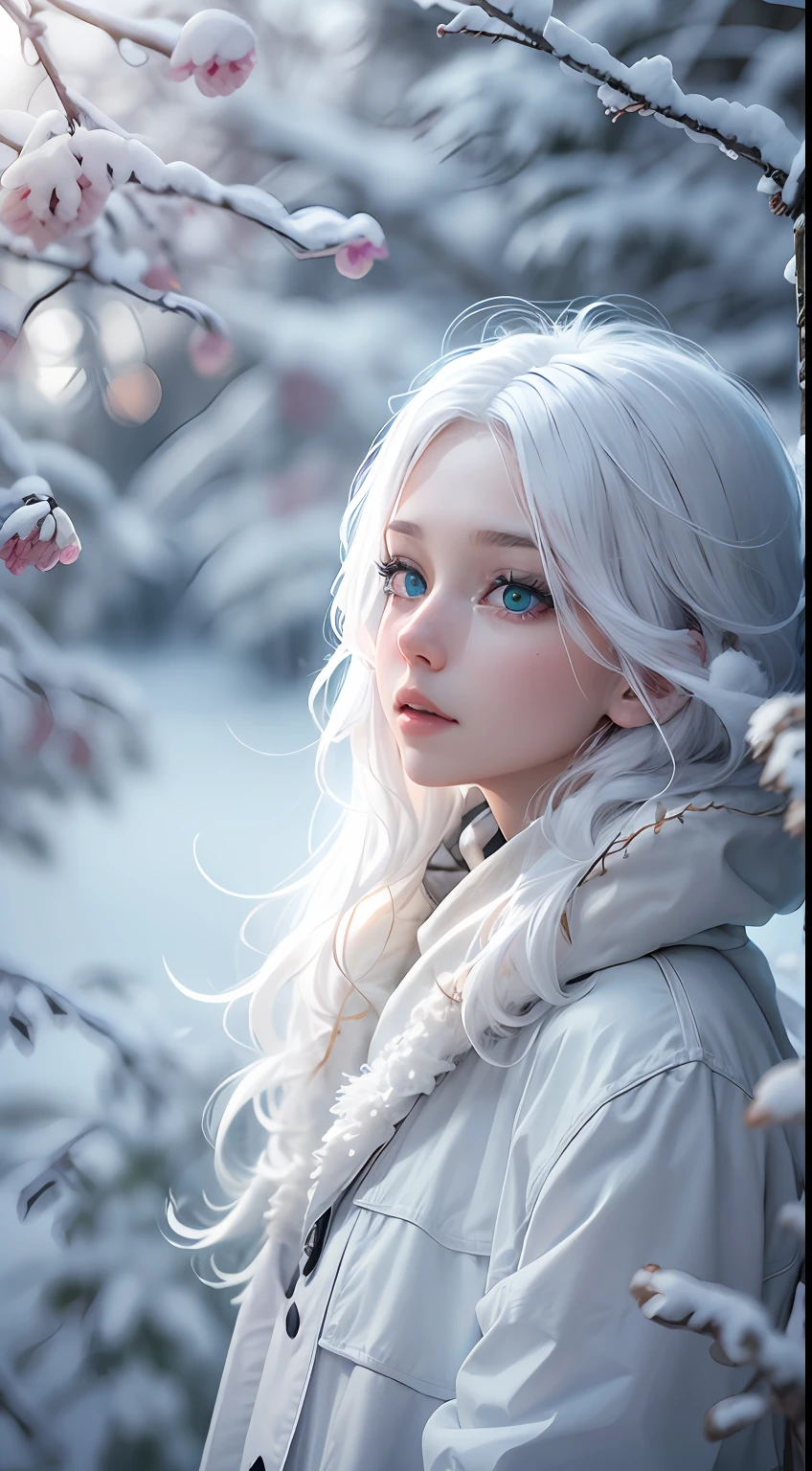 best qualtiy, tmasterpiece, White hair, eBlue eyes, A girl,white colors、, Realistis, Floating hair, Snowy,, Detailed face, winter, Green trees, Sunshine