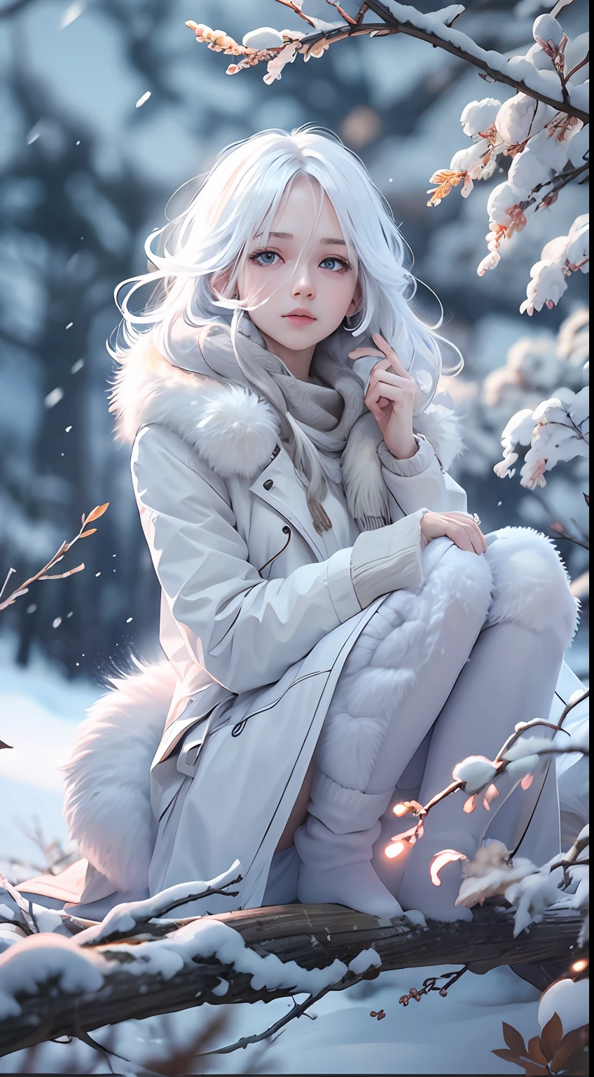 best qualtiy, tmasterpiece, White hair, eBlue eyes, A girl,white colors、, Realistis, Floating hair, Snowy,, Detailed face, winter, Green trees, Sunshine