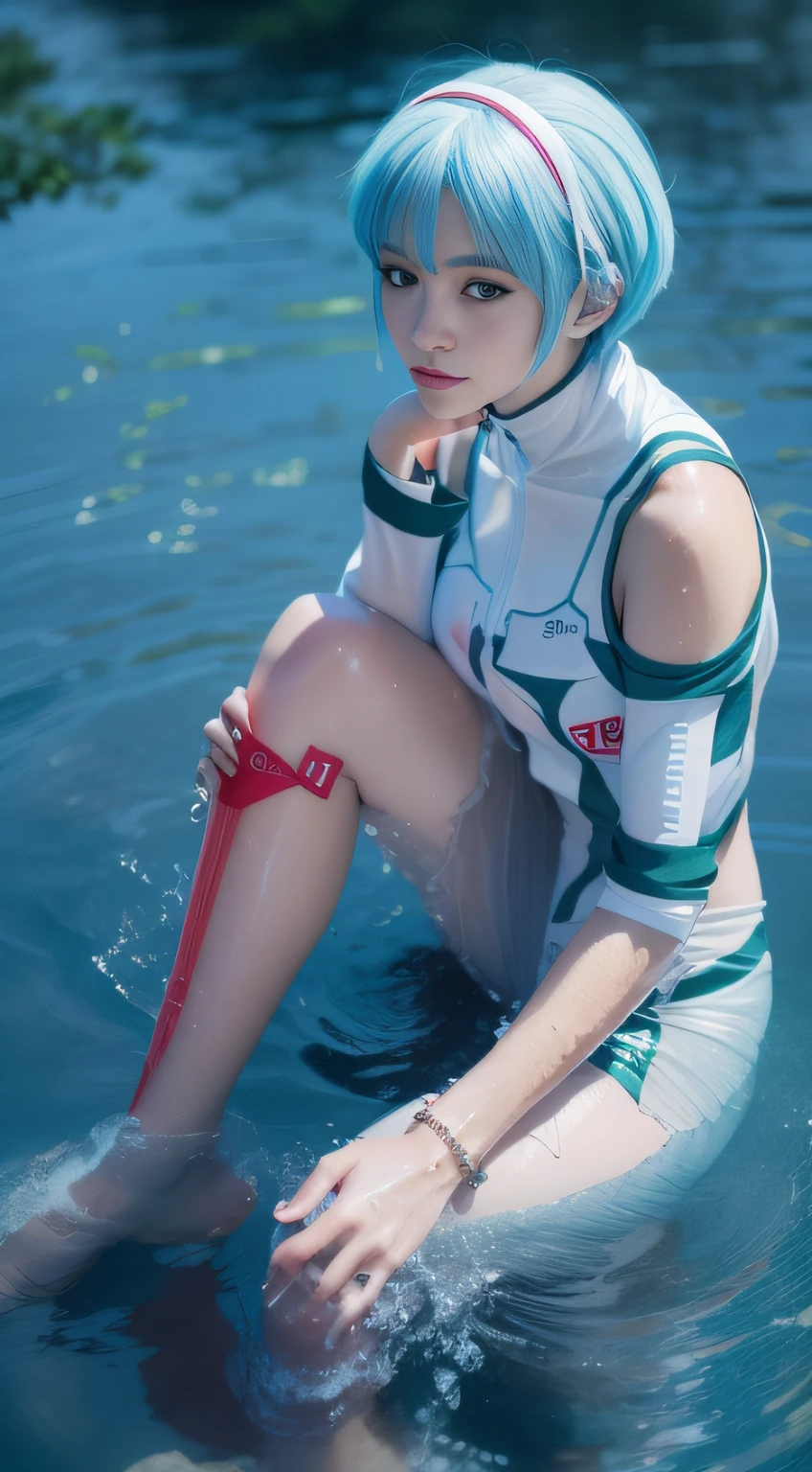 ((Rei Ayanami)from a(Neon Genesis Evangelion)), (Face the camera directly), (Immerse in water to ankle depth,), Realistic beautiful girl full body portrait, , Fantastic face, In a sitting position, playing in the water, 8k resolution concept art portrait, Midsummer sky and Japan countryside,Character Design, 3D Shading, Cinematic, elegant organic framing, Hyper-Realism, Collection of masterpieces, Wet gouache, Reallife Human,