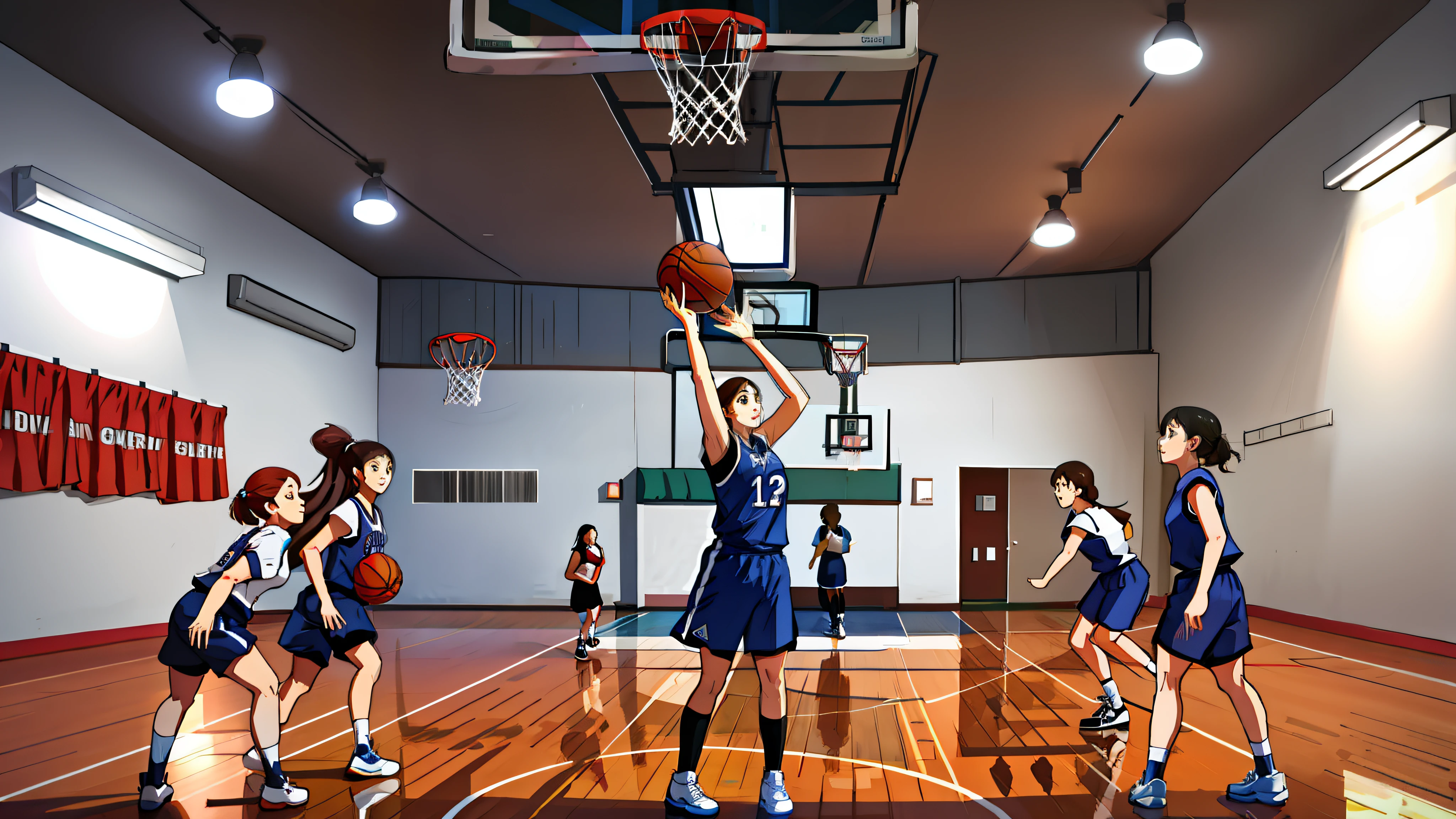 basketball playground,Basketball game,Frontal shot,Five women,