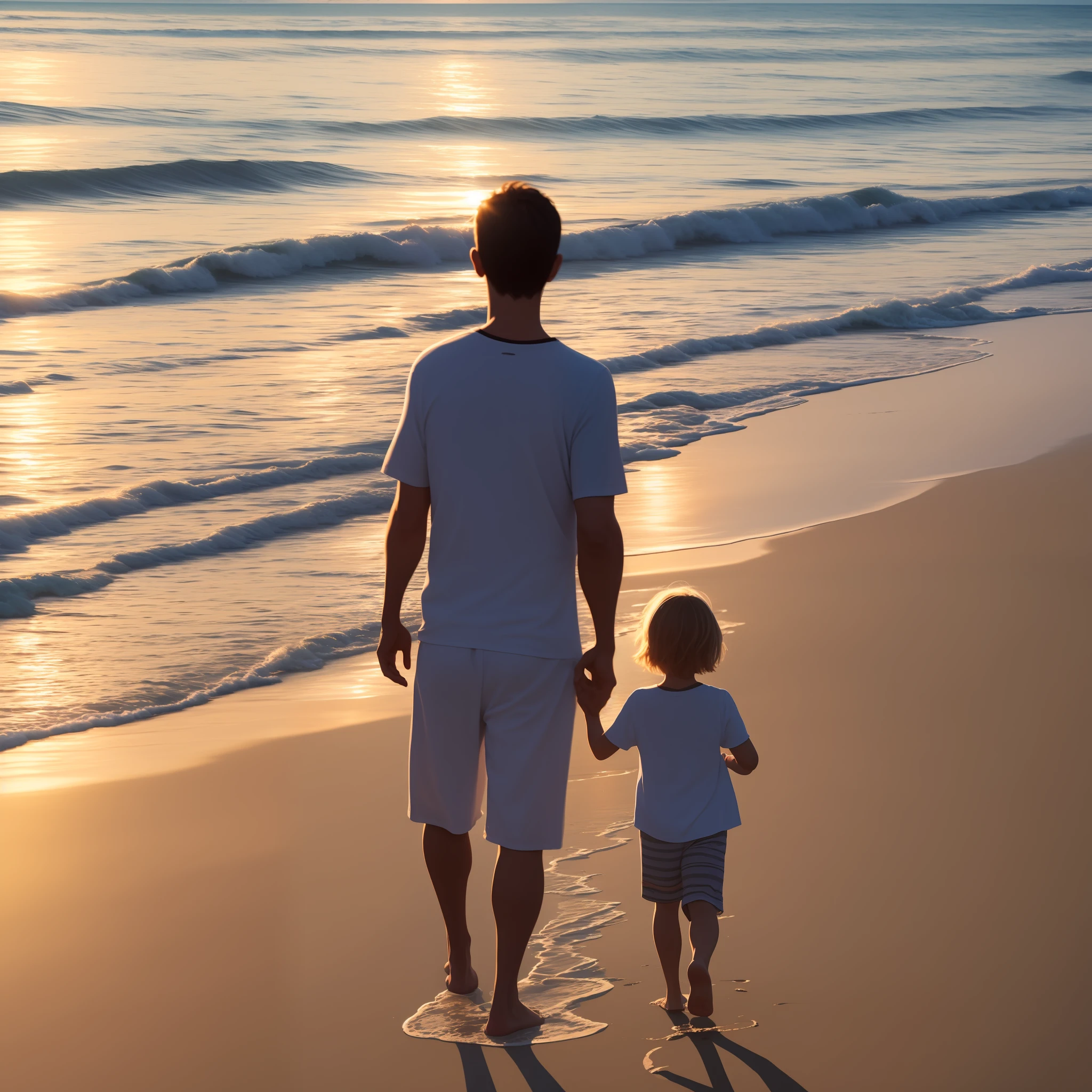 A family walking on the beach while the sun is setting in the west