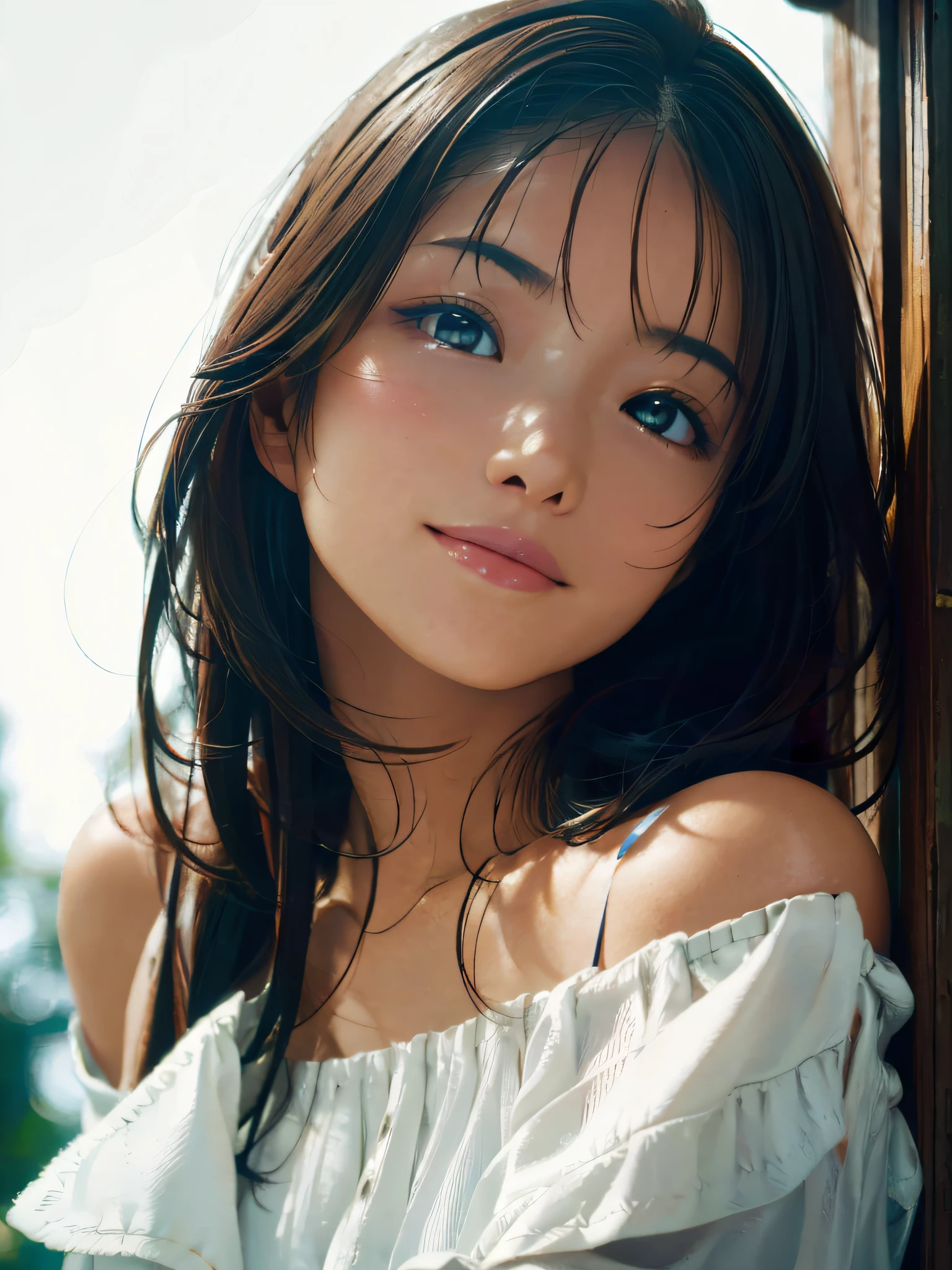 (Best Quality:1.2, 8K, Sharp Focus, master piece: 1.2, natural Light, extremely details CG, beautiful Girl, reality, Detailed face textures, Realistic skin, beautiful makeup, Detailed bangs)), (depth of fields), Bokeh background, Head tilt, Smile, closes mouth, shiny black long hair, Cowboy Shot, arm up, jacket off shoulder, wind, looking away