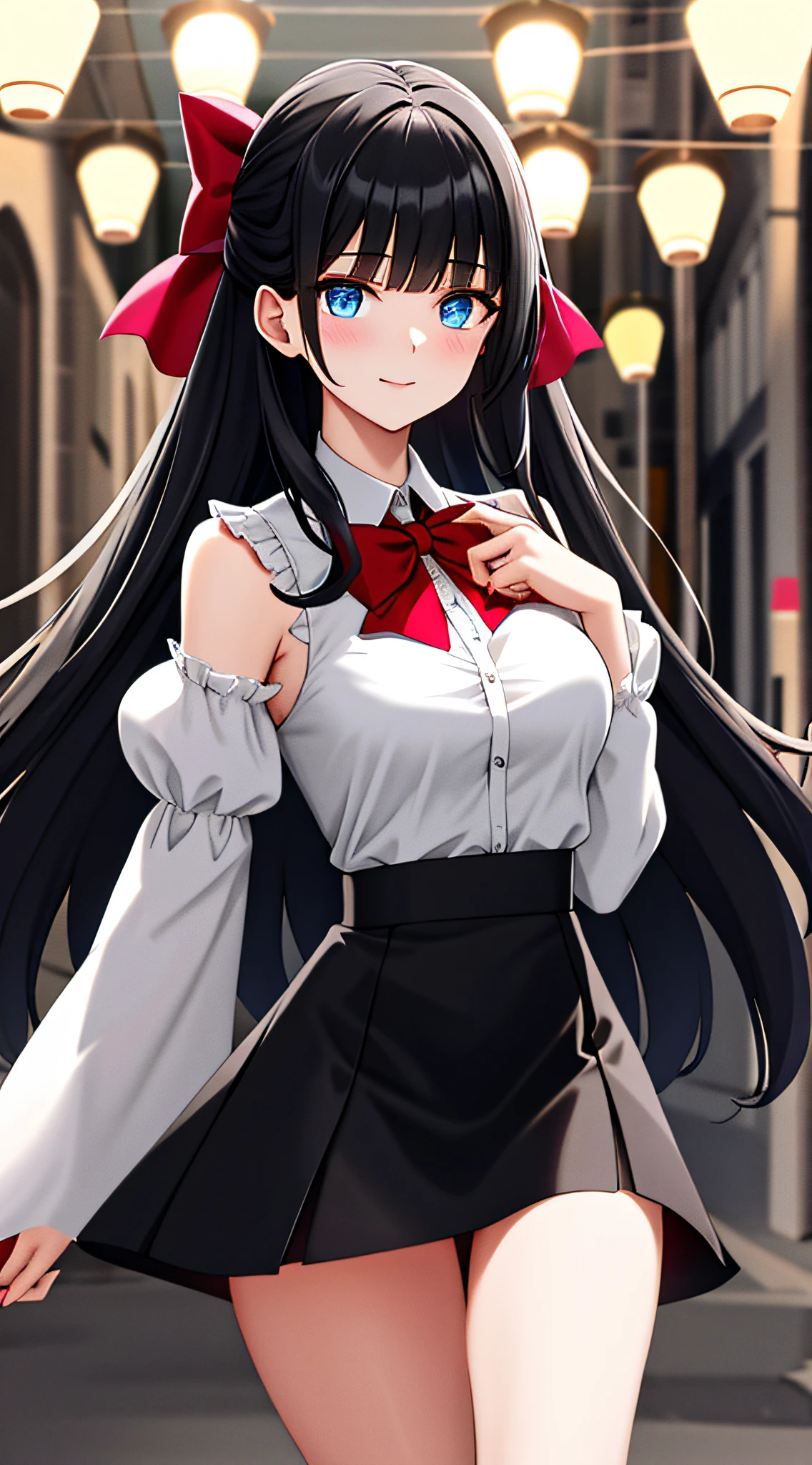 (Extremely delicate and beautiful:1.2),1girll, , eBlue eyes, bblurry, blur backgroun, Bow knot, Black color hair, Keep one's mouth shut, （（White workplace white shirt top））, （（The underbody is a black professional miniskirt）），Lanterns, light particules, longer sleeves, Walk the streets of the city，looking at viewert，Long hair micro-curls，In the daytime，Red bow，独奏，As estrelas\（sigature\），The upper part of the body，ssmile，Redlip