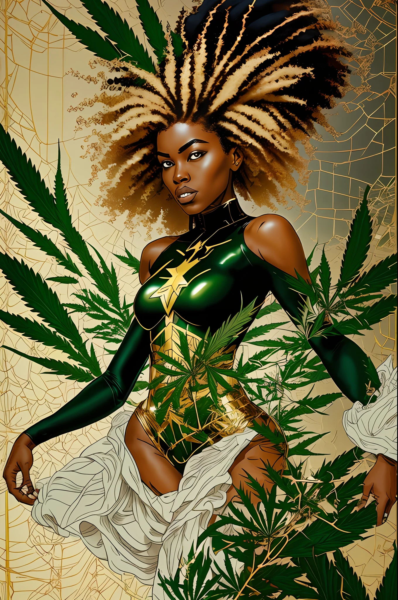Imagine a 30-year-old Afro super heroine in a Spider-Man style uniform with cannabis-themed colors (green, black, white, gold, silver, and tan). Her flowing Afro hair has streaks of green and gold. The background is enigmatic, with floating cannabis leaves. The highly detailed and realistic Full HD 3D art captures her dynamic pose and determined expression. --auto --s2