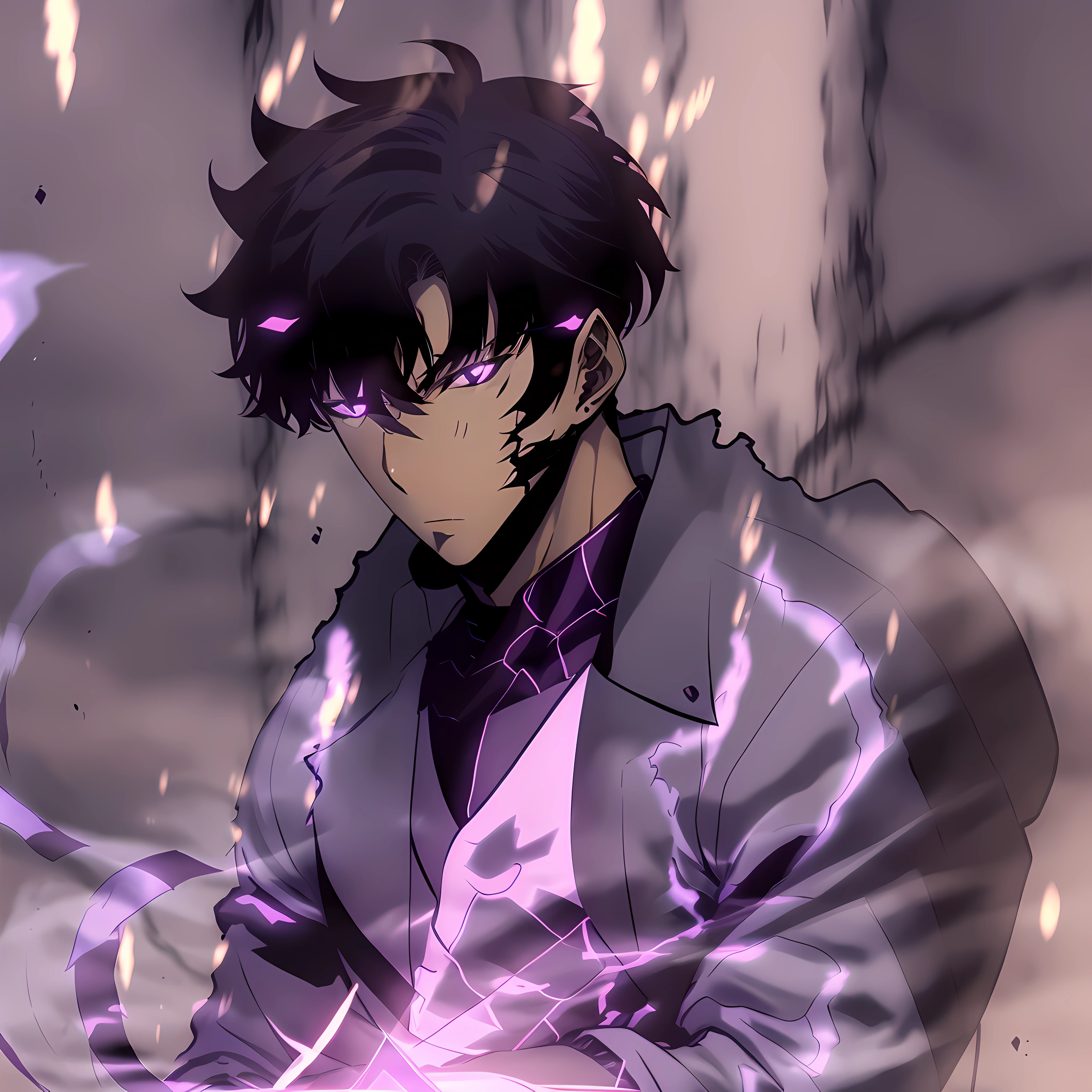 1girl,solo leveling, sung jinwoo,1man, highres,high quality,realistic, masterpiece,has a purple aura outside his clothes, wearing a black costume, black hair, angry ,badas, perfect fingers,face to face