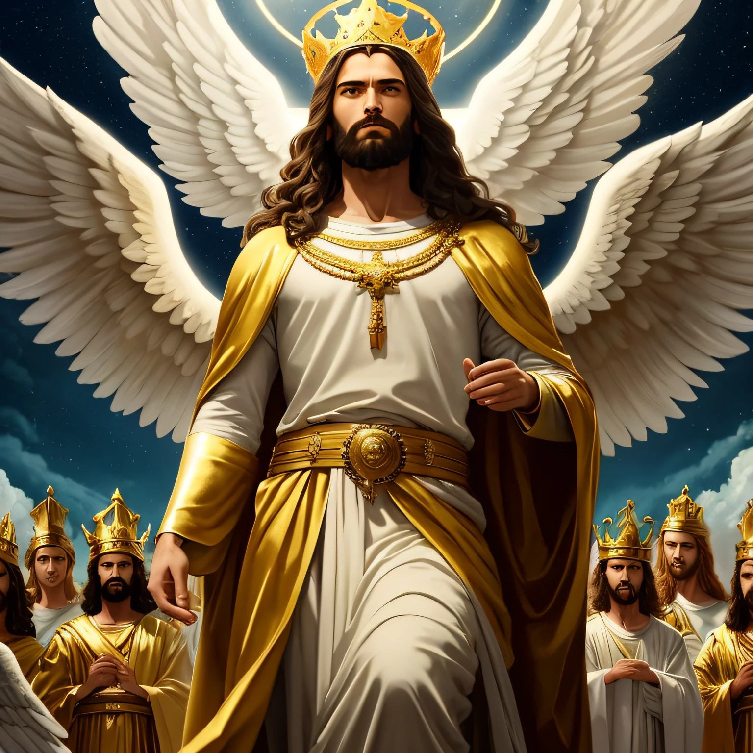 "Amidst the voluminous clouds, Jesus, the majestic king, sits gracefully adorned with a golden crown. In a wide shot, He is accompanied by His army of angels as He prepares to return triumphantly to Earth, surrounded by the ethereal radiance of volumetric light." --auto