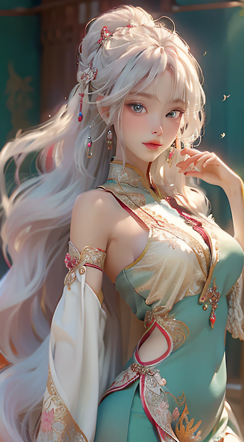 Image of a woman in a belly dance costume, there is a girl in a green dress, plum blossoms, palaces, oriental architecture ray tracing, {best quality}, {masterpiece}}, extremely detailed 8K wallpaper, {an extremely delicate and beautiful}, colorful, intricate details, realism, realism, camera quality, (meticulously portrayed clothes), cold white skin, (meticulously portrayed blush), 1080p, sun, soft cute, smooth light silver hair, messy beauty, lighting, brokenness, shiny and silky skin, 3D stereoscopic, masterpiece, best quality, illustration super fine, beautiful eyes, very delicate light, fine luminescence, very fine 8K CG wallpaper, peach blossom eyes, red pupils, an extremely delicate beautiful girl, 8k wallpaper, best quality, full body close-up, white long dress, luxurious silky bright red chiffon flood (illusion, glitter, ultra-thin, soft,) Hanfu