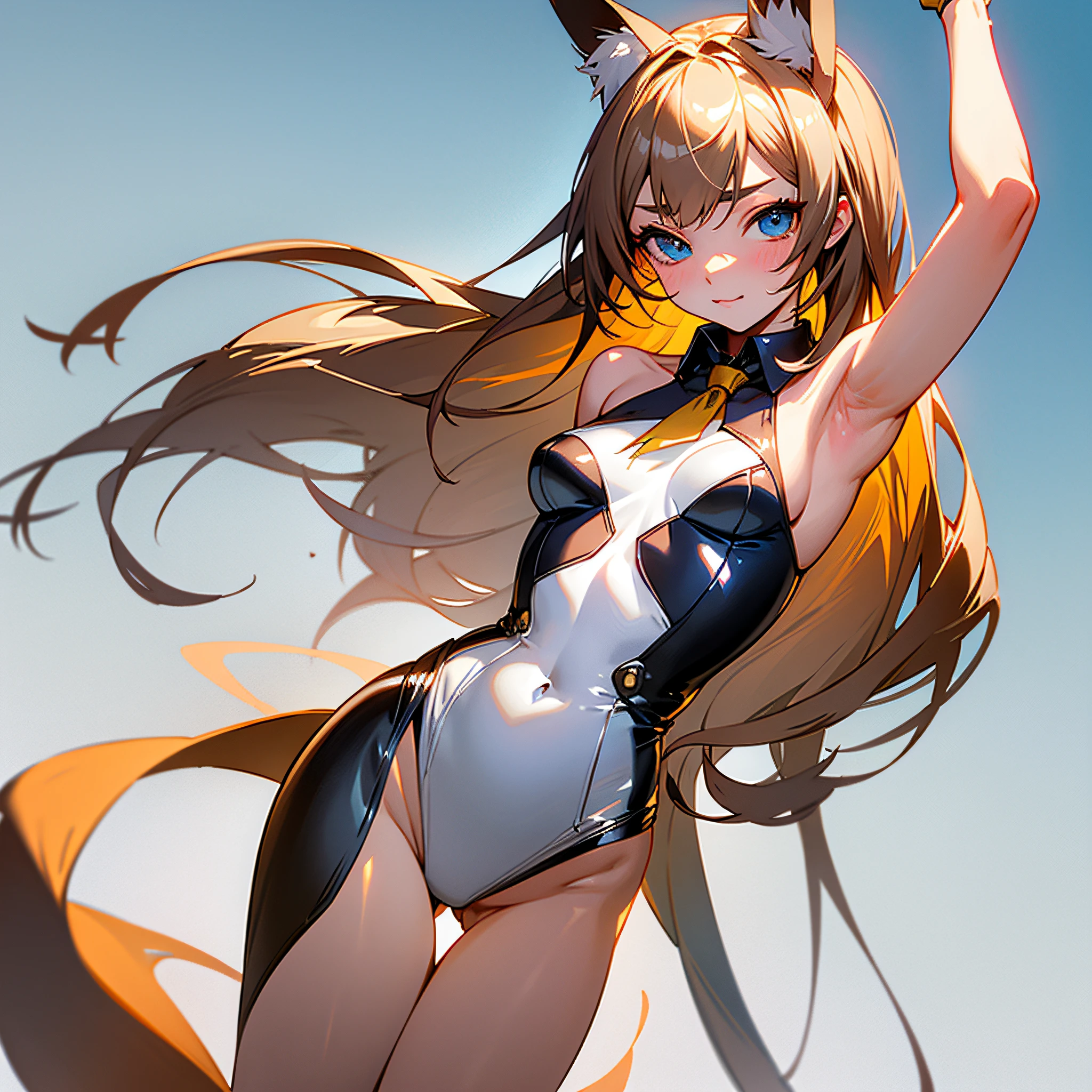 (masutepiece), (Best Quality), Highly detailed,Ultra-detailed,(the Extremely Detailed CG Unity 8K Wallpapers),unbelievable Ridiculous,(Official art),Colorful,(Line optimization),Seated Pose、
Extremely exquisite female facial description, extremely delicate and beautiful eyes,
1girl in, animal_ear_fluff, animal_Ears, arms are_ass hole up, Armpits, Ass_Visible_through_thighs thighs thighs thighs, Bangs, Bare_shoulders, Blue_Eyes, blush, breasts, brown_hair, cowboys_shot, Detached_Collar, eyebrows_Visible_through_hair, fake_animal_Ears, Fox_Ears, Fox_girl, Fox_tail, gloves, gradient, gradient_Background, greys_Background, hair_Bland_Eyes, Leotard, up looking_で_viewer, Navel, neck tie, , Rabbit_Ears, See-through, Short_neck tie, Silver_hair, Small_breasts, Solo, tail, Thigh_the gap, white_gloves, wrist_Cuffs
(Perfect body), (Seductive),
(Fine and beautiful detailed skin), (Shiny skin:1.0), (Oil skin:1.0), (Oil Highlights:1.0),
Sexually suggestive, Female-,