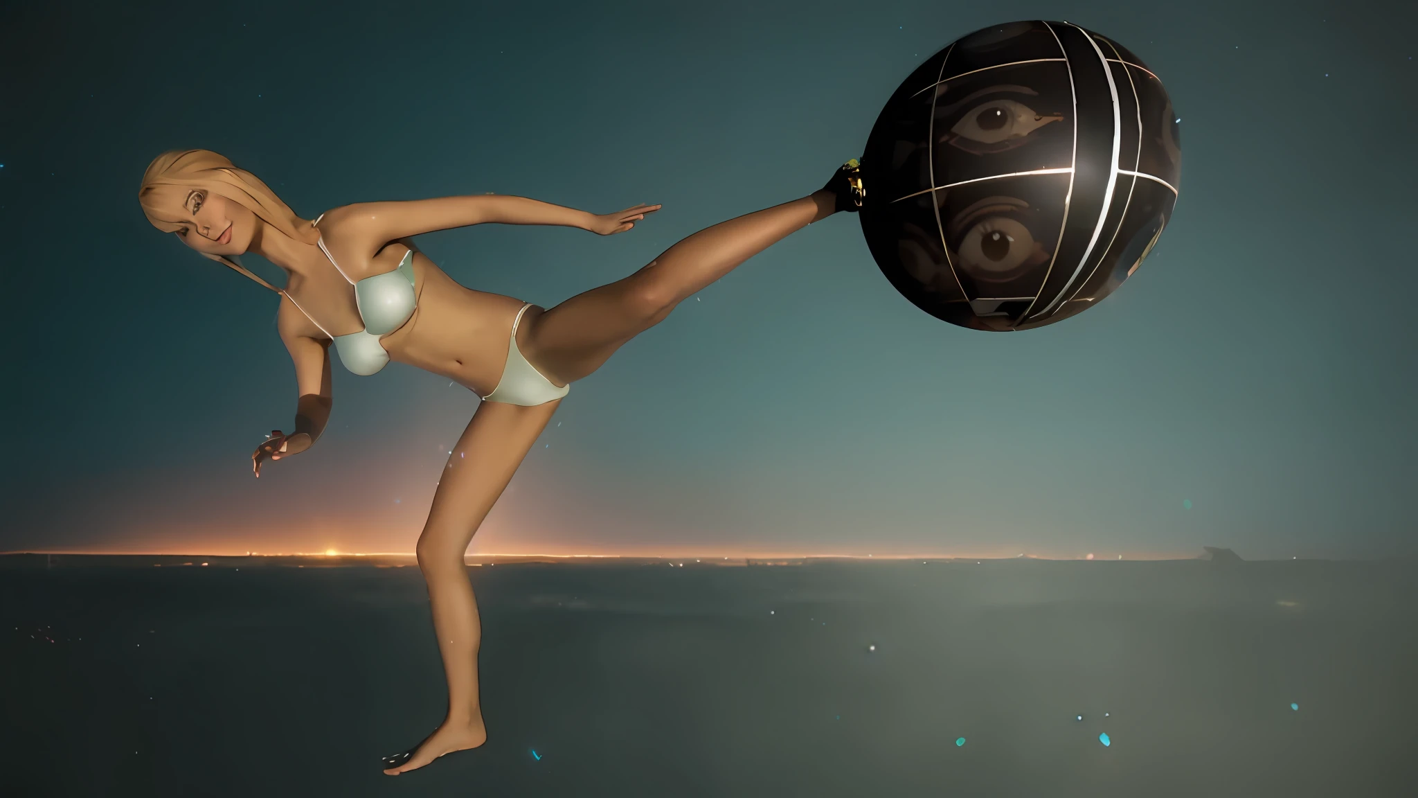 gyaru, dark-skinned, (shiny oiled skin:1.2), wearing bikini, batlles in universe, in a thick fog, sony a7, film gain, sun set, Cinematic lighting, Photorealistic, one-point perspective, 32K, diffuse reflection, colorful shiny particles, Lens Flare, sharp reflection light