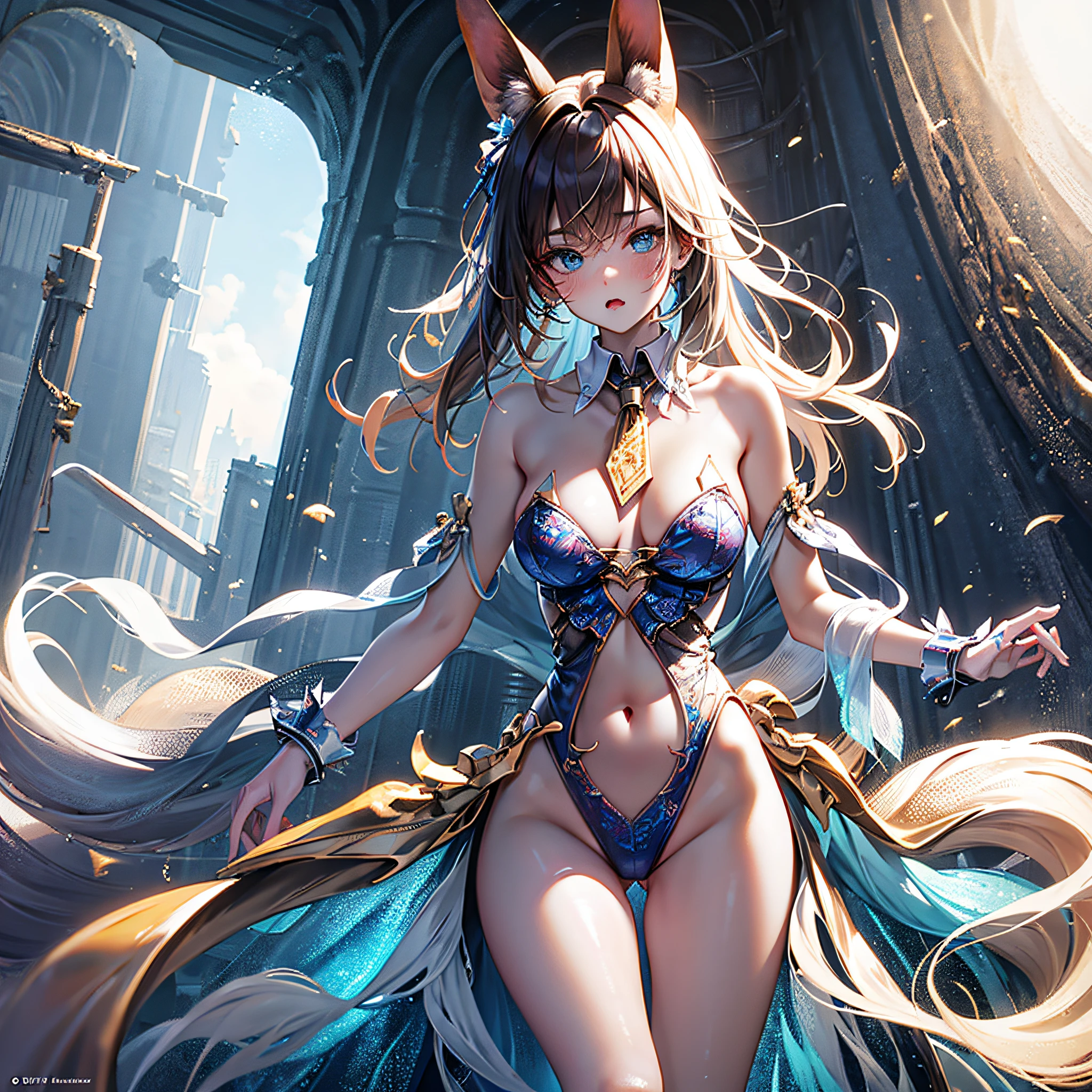 (masutepiece), (Best Quality), Highly detailed,Ultra-detailed,(the Extremely Detailed CG Unity 8K Wallpapers),unbelievable Ridiculous,(Official art),Colorful,(Line optimization),Seated Pose、
Extremely exquisite female facial description, extremely delicate and beautiful eyes,
1girl in, animal_ear_fluff, animal_Ears, arms are_ass hole up, Armpits, Ass_Visible_through_thighs thighs thighs thighs, Bangs, Bare_shoulders, Blue_Eyes, blush, breasts, brown_hair, cowboys_shot, Detached_Collar, eyebrows_Visible_through_hair, fake_animal_Ears, Fox_Ears, Fox_girl, Fox_tail, gloves, gradient, gradient_Background, greys_Background, hair_Bland_Eyes, Leotard, up looking_で_viewer, Navel, neck tie, , Rabbit_Ears, See-through, Short_neck tie, Silver_hair, Small_breasts, Solo, tail, Thigh_the gap, white_gloves, wrist_Cuffs
(Perfect body), (Seductive),
(Fine and beautiful detailed skin), (Shiny skin:1.0), (Oil skin:1.0), (Oil Highlights:1.0),
Sexually suggestive, Female-,
