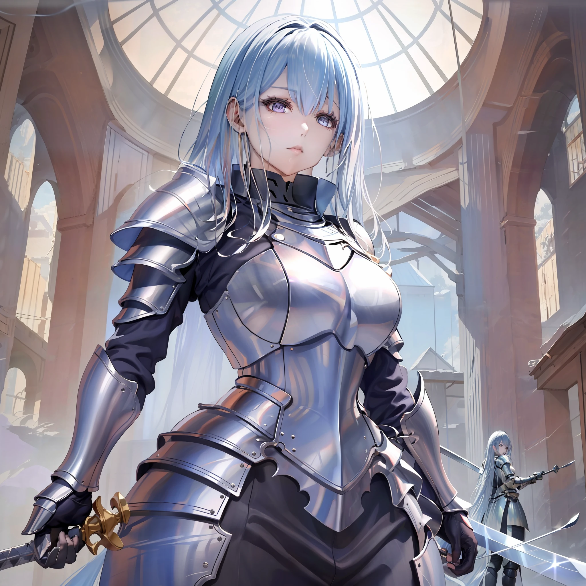 anime girl with a sword and armor posing for a picture, thick armor, with sleek silver armor, armor girl, White armor, of a beautiful female knight, covered in full silver armor, Female knight, With sleek silver metal armor, Silver armor, Wearing armor!!, fully clothed in armor, Chic, badass anime 8 K, beautiful female knight