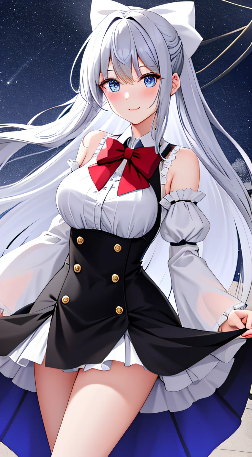 (Extremely delicate and beautiful:1.2),1girll, , eBlue eyes, bblurry, blur backgroun, Bow knot, Black color hair, Keep one's mouth shut, （（White workplace white shirt top））, （（The underbody is a black professional miniskirt）），Lanterns, light particules, longer sleeves, Walk the streets of the city，looking at viewert，Long hair micro-curls，In the daytime，Red bow，独奏，As estrelas\（sigature\），The upper part of the body，ssmile，Redlip