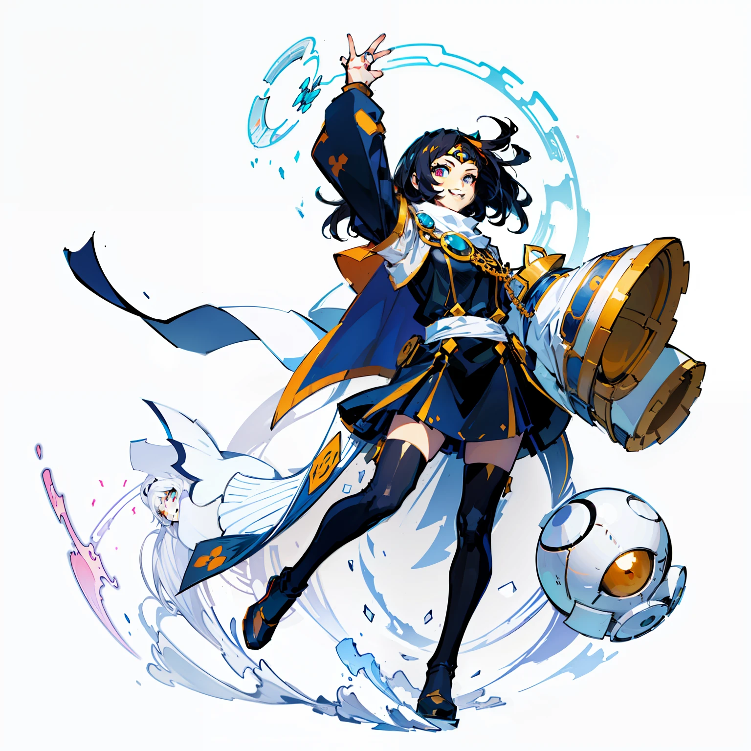 girl with, kid, Smiling, Full body shot, No background, White background, Eyes are hidden by bangs, white and blue, A large bill is stuck on the forehead