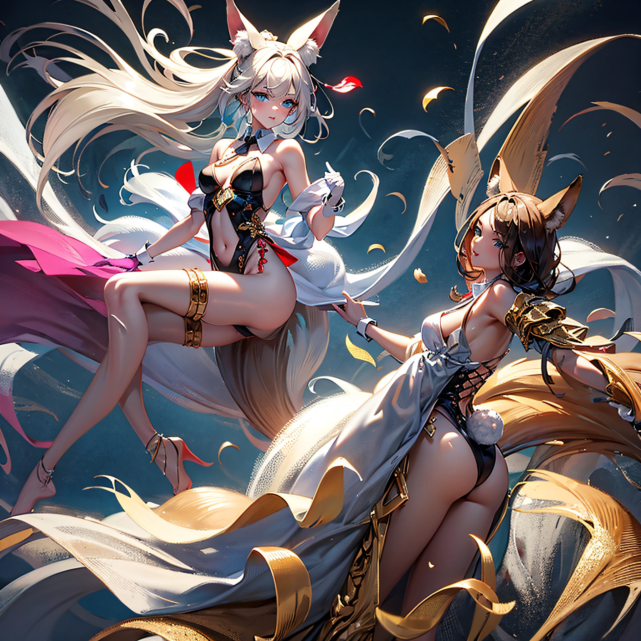 (masutepiece), (Best Quality), Highly detailed,Ultra-detailed,(the Extremely Detailed CG Unity 8K Wallpapers),unbelievable Ridiculous,(Official art),Colorful,(Line optimization),Seated Pose、
Extremely exquisite female facial description, extremely delicate and beautiful eyes,
1girl in, animal_ear_fluff, animal_Ears, arms are_ass hole up, Armpits, Ass_Visible_through_thighs thighs thighs thighs, Bangs, Bare_shoulders, Blue_Eyes, blush, breasts, brown_hair, cowboys_shot, Detached_Collar, eyebrows_Visible_through_hair, fake_animal_Ears, Fox_Ears, Fox_girl, Fox_tail, gloves, gradient, gradient_Background, greys_Background, hair_Bland_Eyes, Leotard, up looking_で_viewer, Navel, neck tie, , Rabbit_Ears, See-through, Short_neck tie, Silver_hair, Small_breasts, Solo, tail, Thigh_the gap, white_gloves, wrist_Cuffs
(Perfect body), (Seductive),
(Fine and beautiful detailed skin), (Shiny skin:1.0), (Oil skin:1.0), (Oil Highlights:1.0),
Sexually suggestive, Female-,