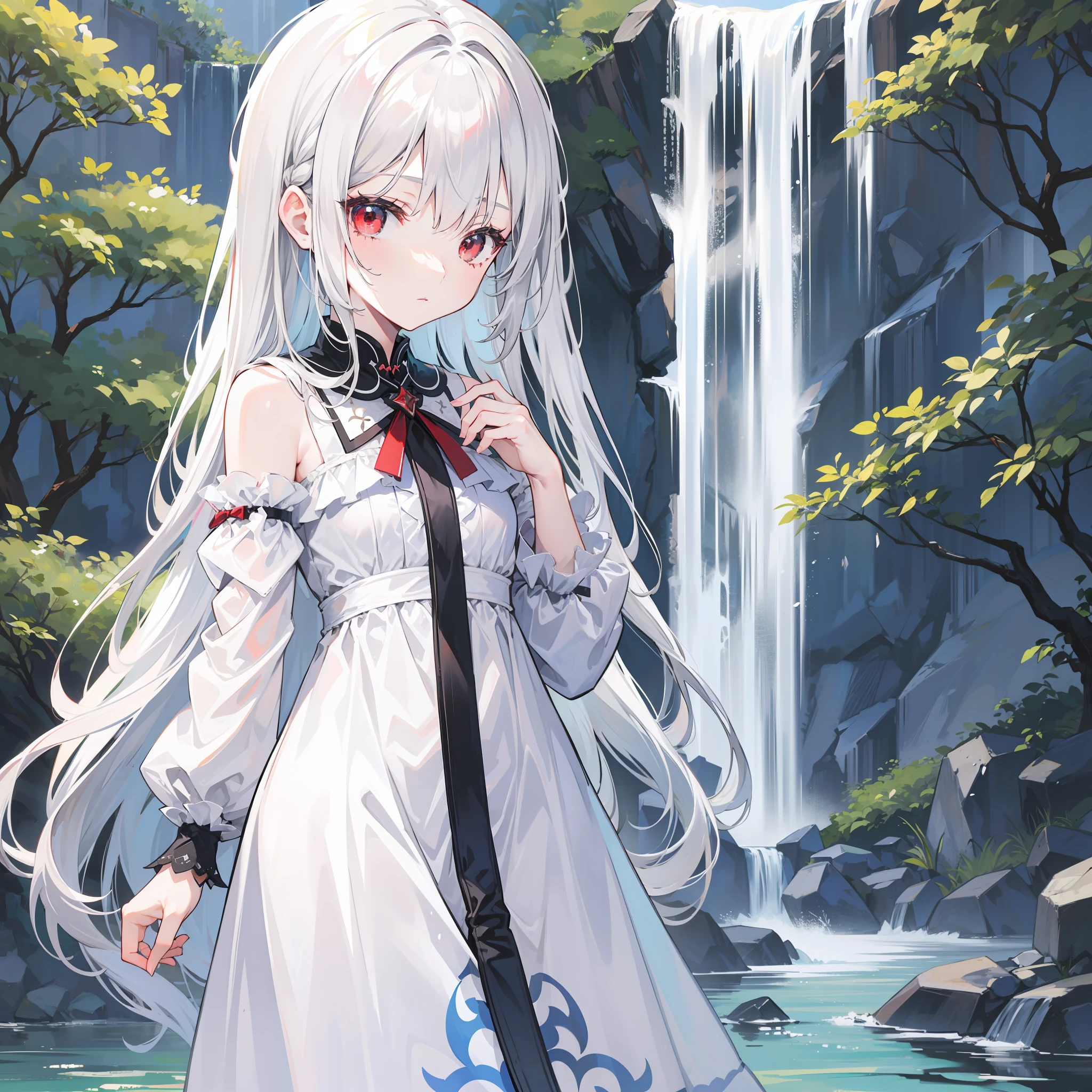 White-haired ,Red eyes cute lolierfall-like gray hair,dreamy background,Delicate face