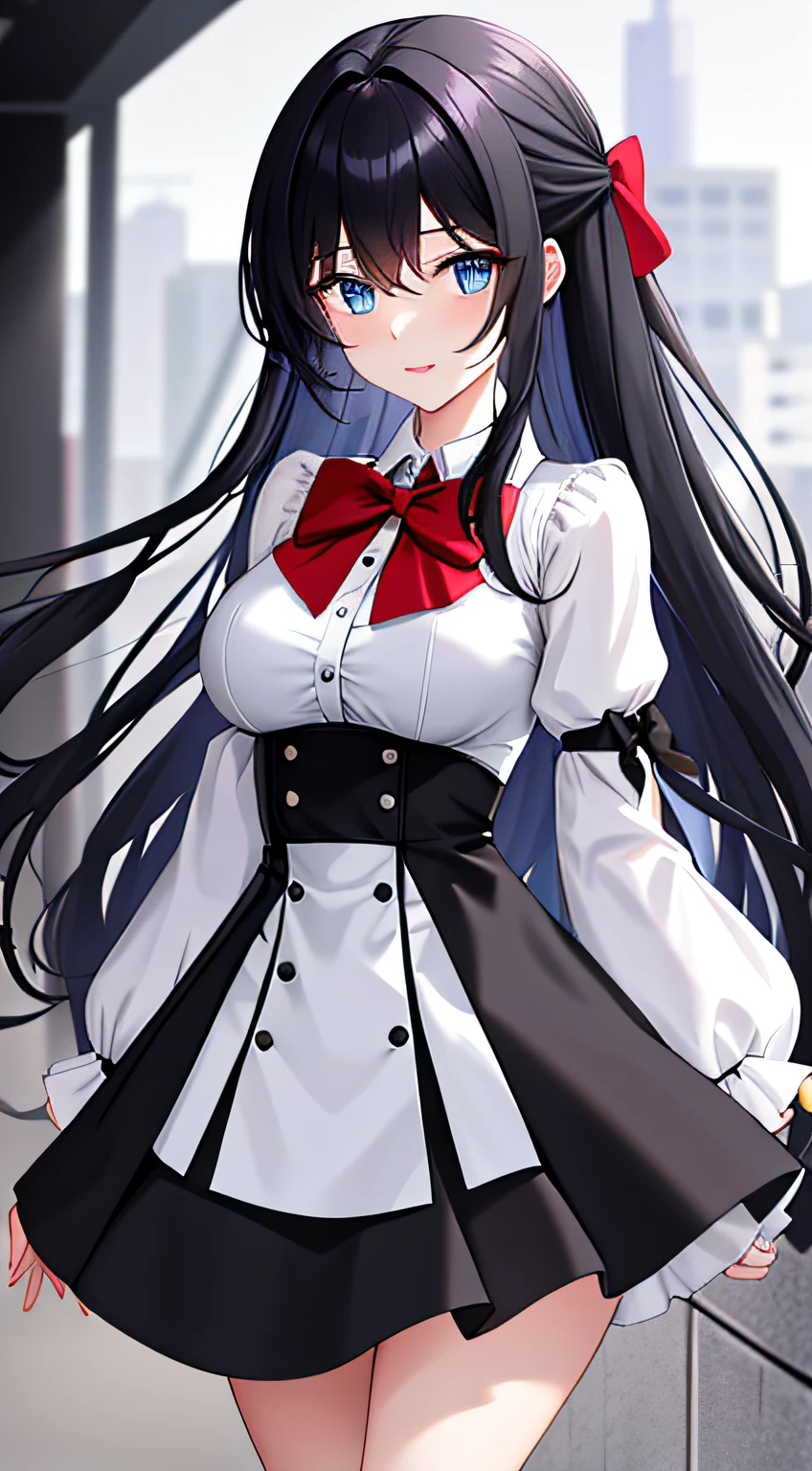 (Extremely delicate and beautiful:1.2),1girll, , eBlue eyes, bblurry, blur backgroun, Bow knot, Black color hair, Keep one's mouth shut, （（White workplace white shirt top））, （（The underbody is a black professional miniskirt）），Lanterns, light particules, longer sleeves, Walk the streets of the city，looking at viewert，Long hair micro-curls，In the daytime，Red bow，独奏，As estrelas\（sigature\），The upper part of the body，ssmile，Redlip