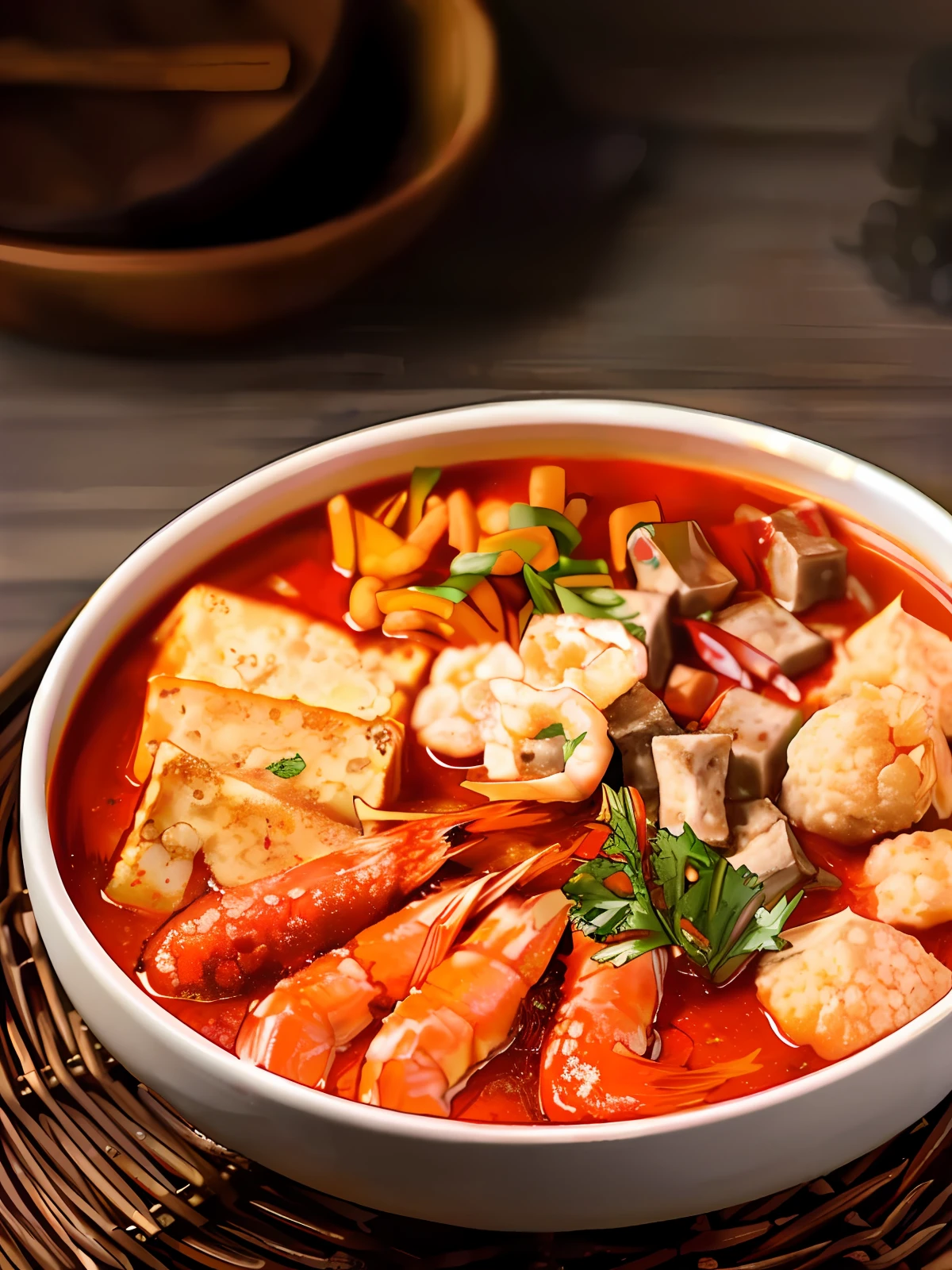 A bowl of spicy mix, with shrimp, tofu cubes, coriander, fish balls, tofu puffs, beef cubes