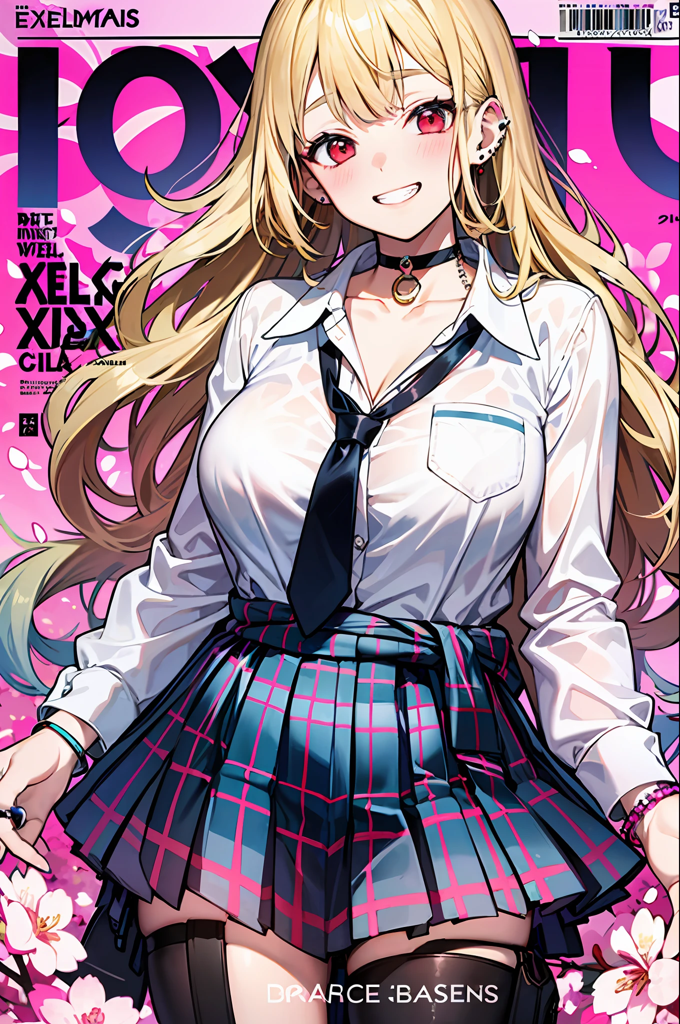 masterpiece, best quality, full body, 1girl, bangs, black choker, black necktie, blonde hair, blue skirt, blush, bracelet, breasts, choker, clothes around waist, collarbone, collared shirt, cowboy shot, dress shirt, ear piercing, eyebrows visible through hair, gradient hair, grin, gyaru, jewelry, kogal, long hair, looking at viewer, loose necktie, necktie, piercing, plaid, plaid skirt, pleated skirt, red eyes, ring, school uniform, shirt, skirt, smile, solo, white shirt, street, sky, cherry blossoms, petals,illustration, (magazine:1.3), (cover-style:1.3), fashionable, woman, vibrant, outfit, posing, front, colorful, dynamic, background, elements, confident, expression, holding, statement, accessory, majestic, coiled, around, touch, scene, text, cover, bold, attention-grabbing, title, stylish, font, catchy, headline, larger, striking, modern, trendy, focus, fashion,