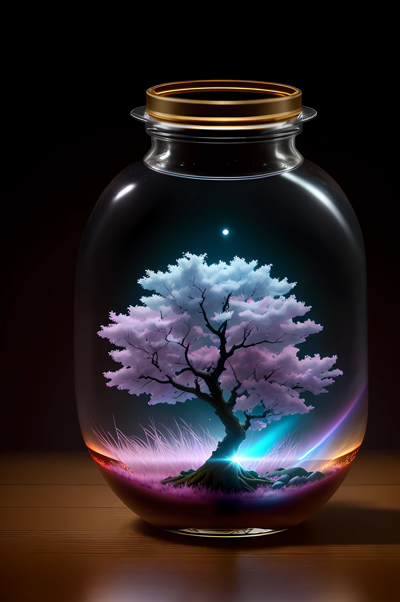 sakura tree in a bottle, fluffy, realistic, atmospheric light refraction, by lee jeffries nikon d850 film stock photograph 4 kodak portra 400 camera f1.6 lens rich colors hyper realistic lifelike texture dramatic lighting unreal engine trending on artstation cinestill 800, Style-Glass