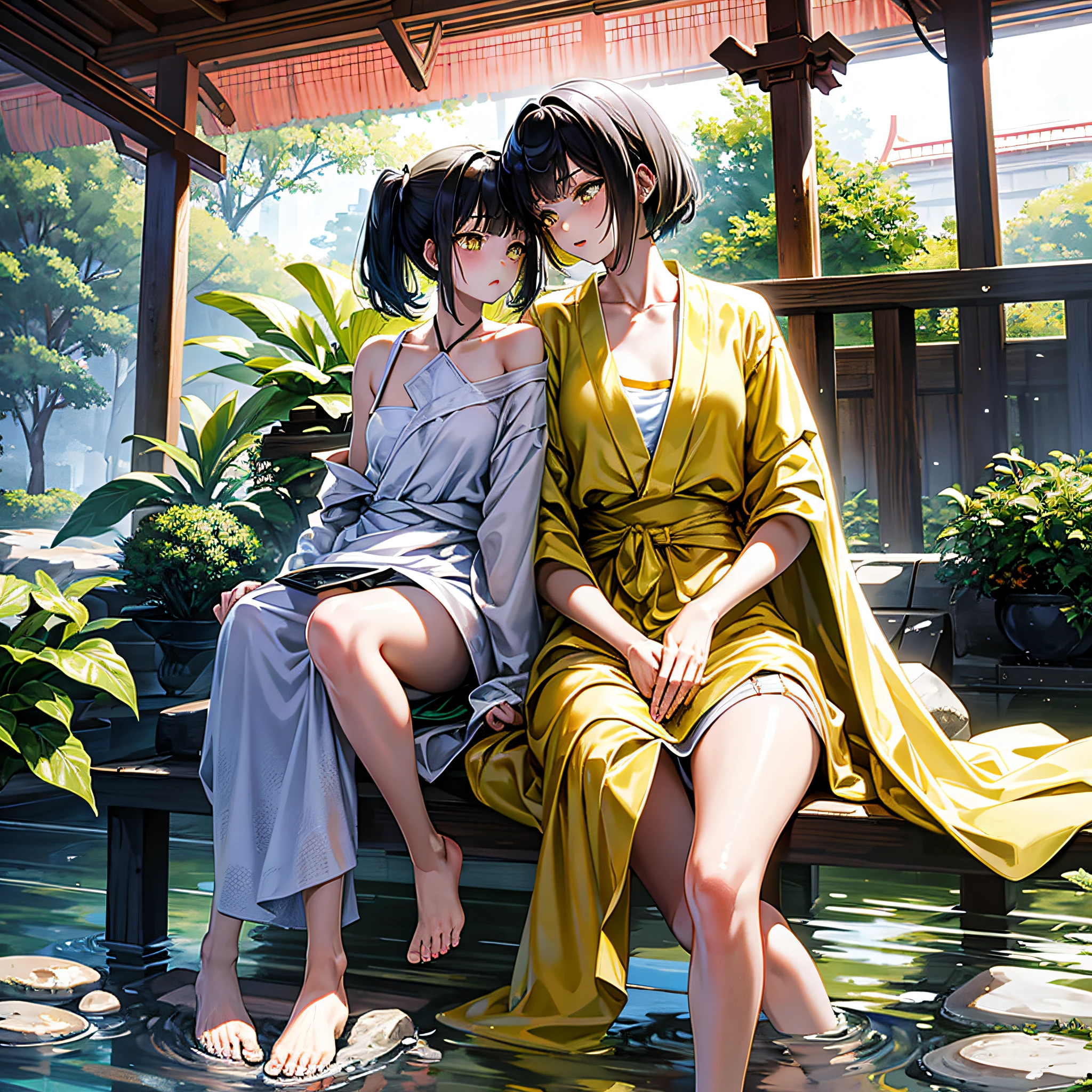 (masutepiece), (High Definition), 8K, Two girls, 16 year old girl, Short black hair bob, Blonde twintails, Shiny skin, beautifull detailed face, Crotch, Erect, , Gasping, She is being stroked from behind, Girl stroking, Holds securely. They kiss each other, sitting pose, Naked, crass room,,Himiko 1 Girl Solo Bag Under Eyes, Yellow eyes,hiqcgbody,yelan /(GenshinImpact/)