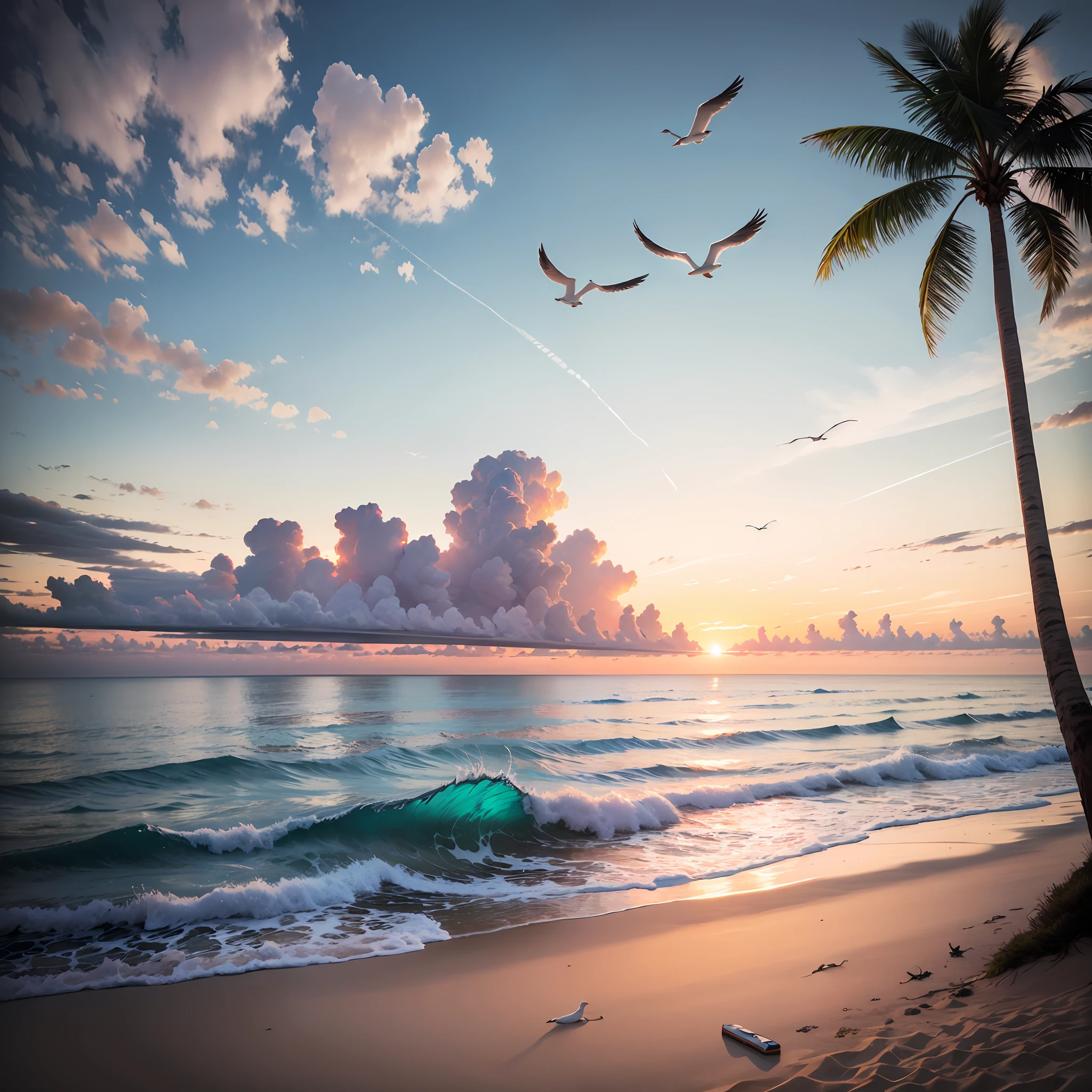 An absolutely mesmerizing sunset over the beach, showing the summer sun setting with few sea Gul. Crystal-clear waters of the sea gently kissing the shore, with sandy white beach stretching far and wide. The scene is dynamic and breathtaking, with seagulls soaring high in the sky and gently swaying palm trees. Take in the calming atmosphere and let the peacefulness wash over you. --auto