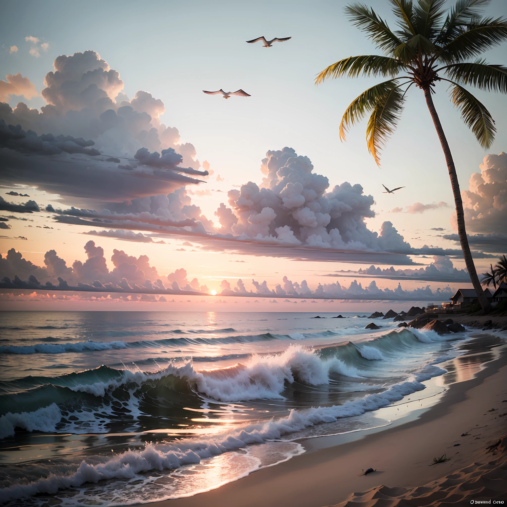 An absolutely mesmerizing sunset over the beach, showing the summer sun setting with few sea Gul. Crystal-clear waters of the sea gently kissing the shore, with sandy white beach stretching far and wide. The scene is dynamic and breathtaking, with seagulls soaring high in the sky and gently swaying palm trees. Take in the calming atmosphere and let the peacefulness wash over you. --auto